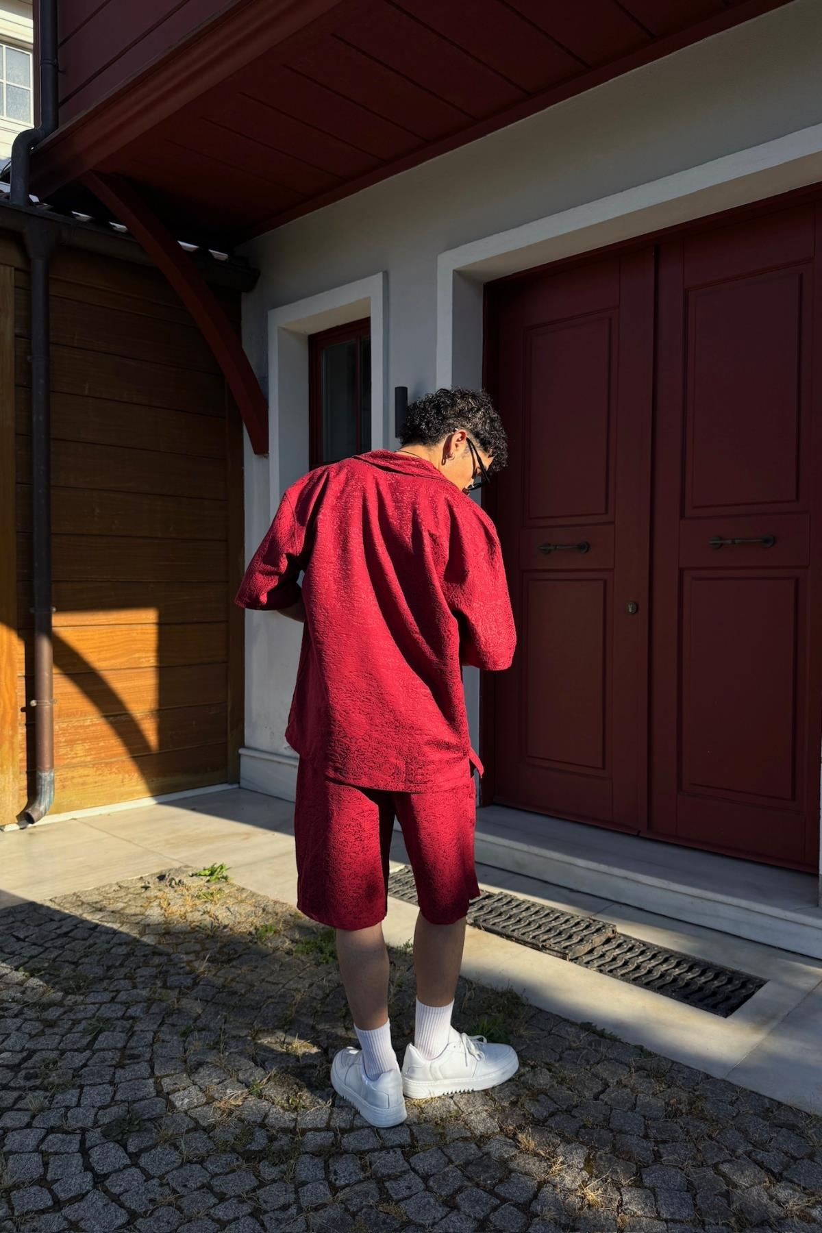 Etnik Desen Dokulu Bordo Oversize Gömlek PE01