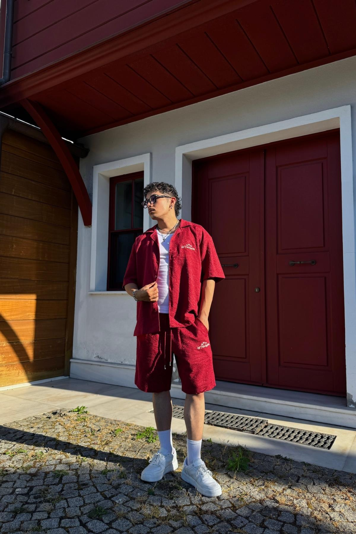 Etnik Desen Dokulu Bordo Oversize Gömlek PE01
