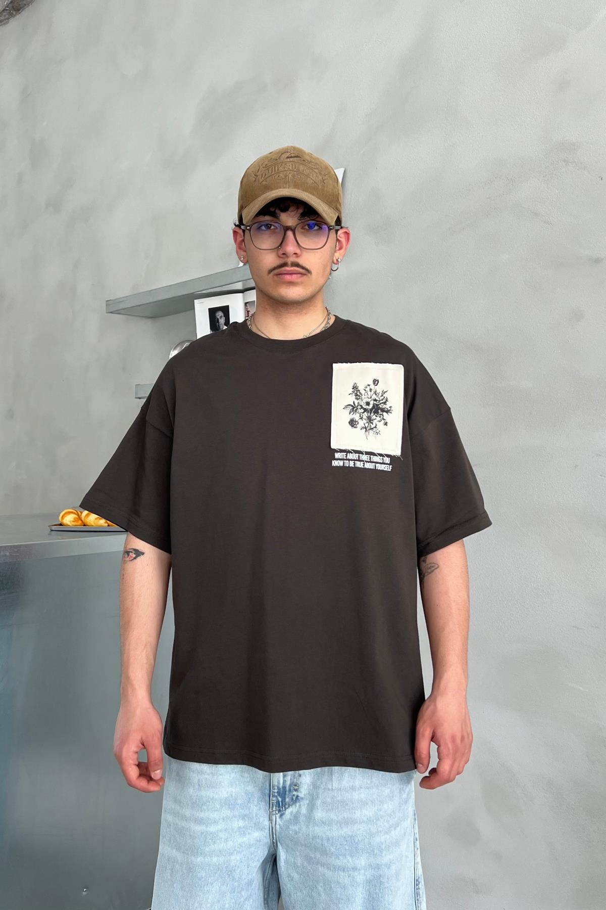 Etnik Desen Füme Oversize Patch Detay Tshirt
