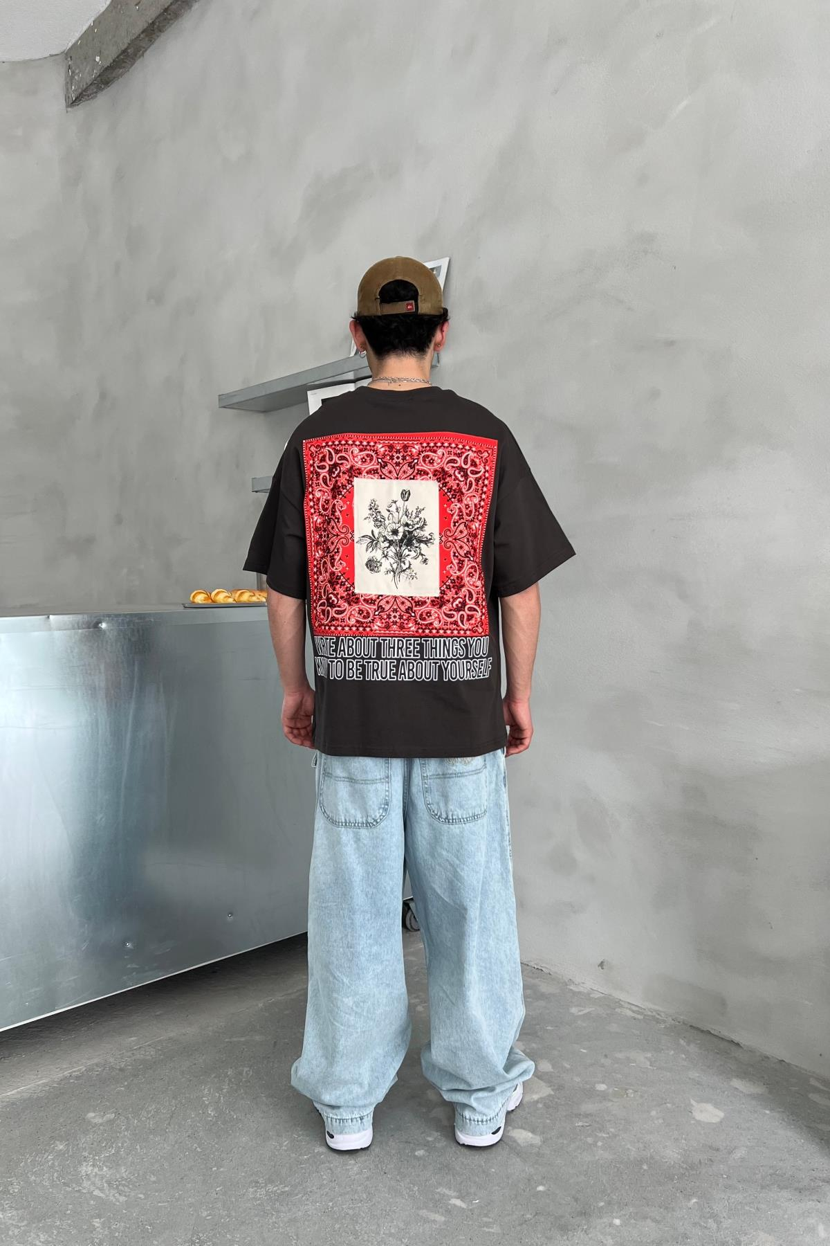 Etnik Desen Füme Oversize Patch Detay Tshirt