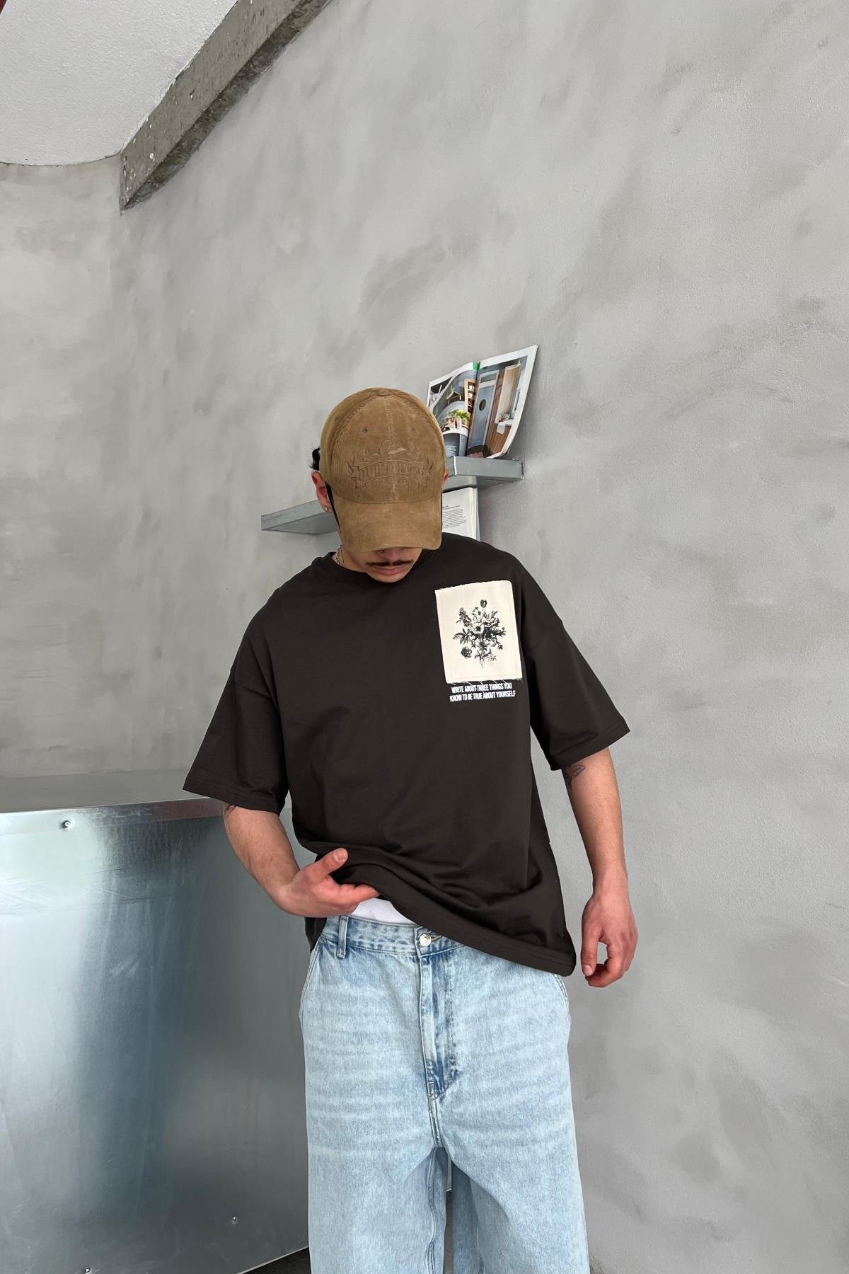 Etnik Desen Füme Oversize Patch Detay Tshirt