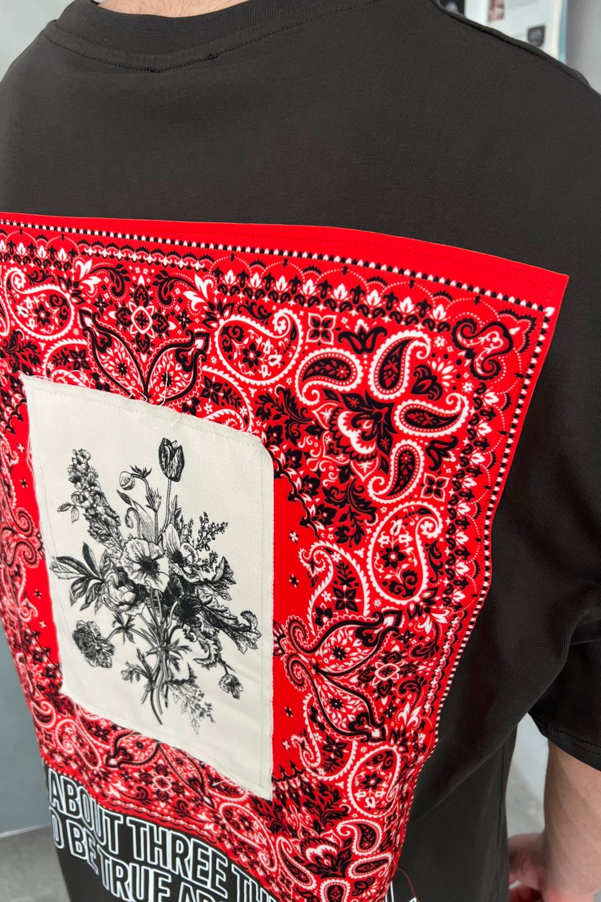 Etnik Desen Füme Oversize Patch Detay Tshirt