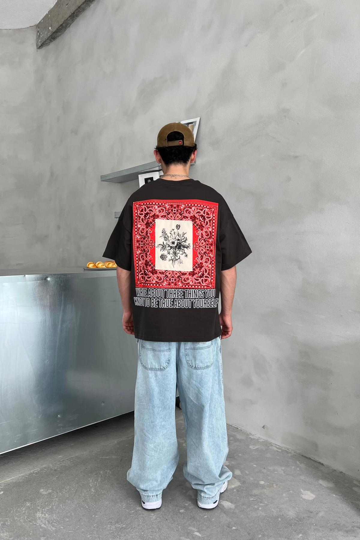 Etnik Desen Füme Oversize Patch Detay Tshirt