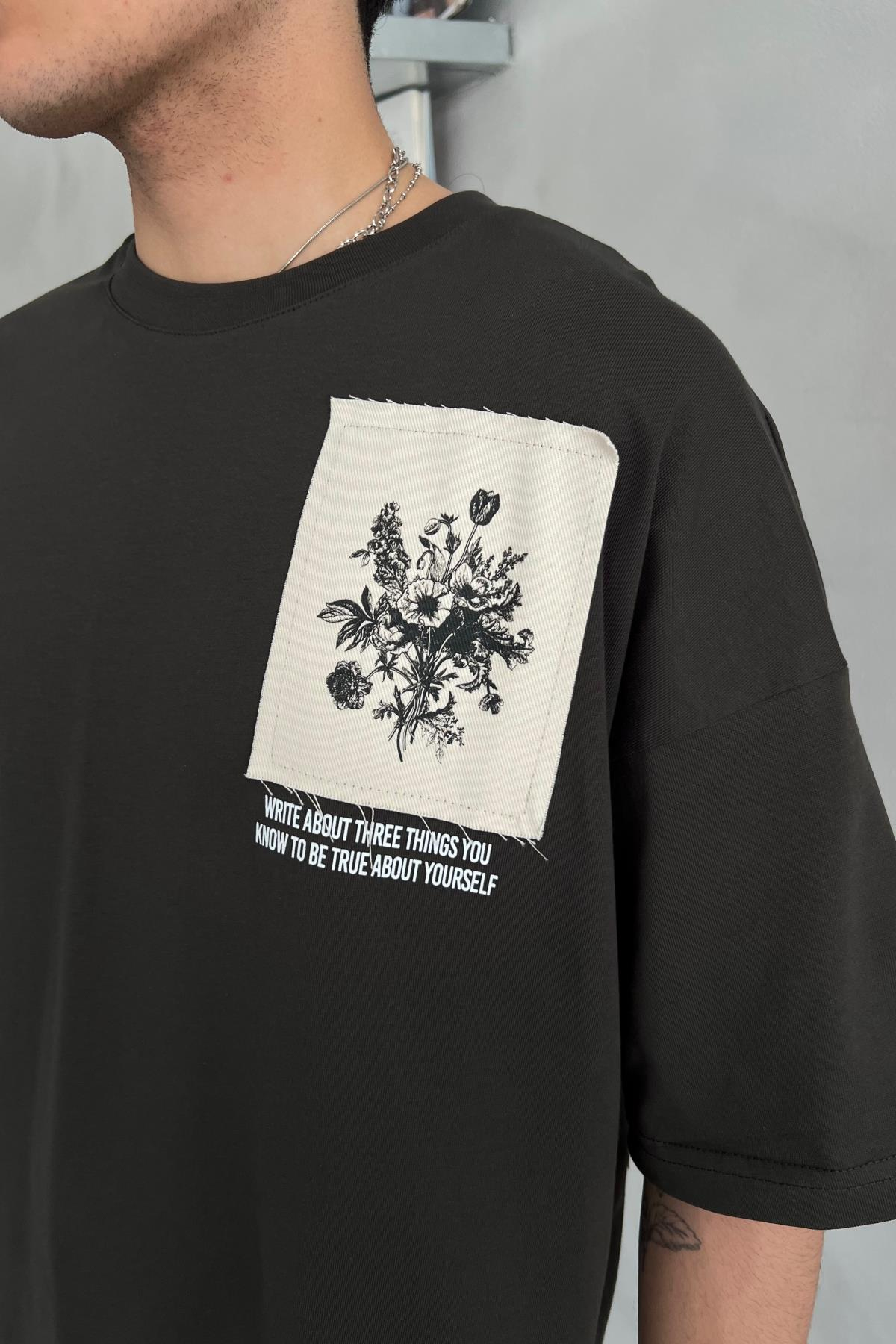 Etnik Desen Füme Oversize Patch Detay Tshirt