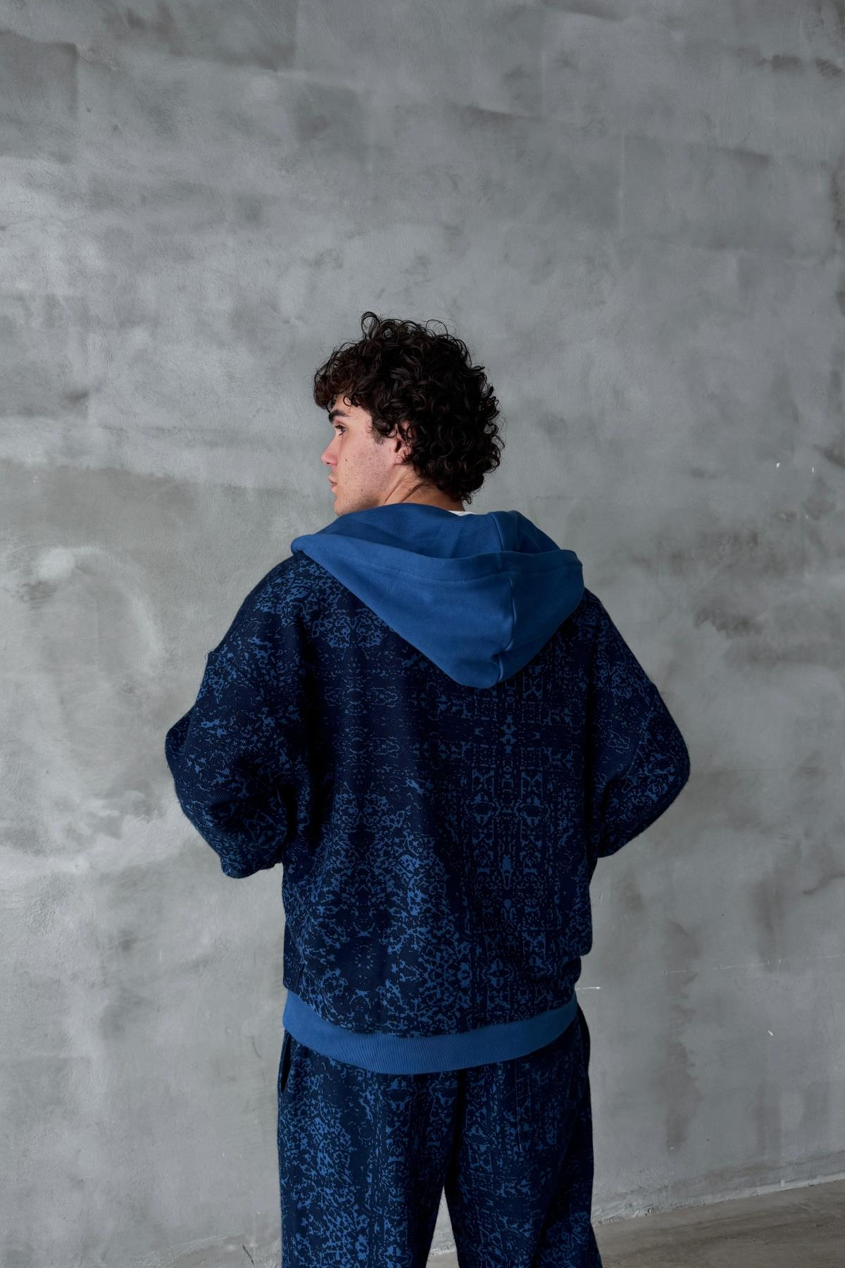 Etnik Desen Mavi Oversize Zipper Sweatshirt SR01