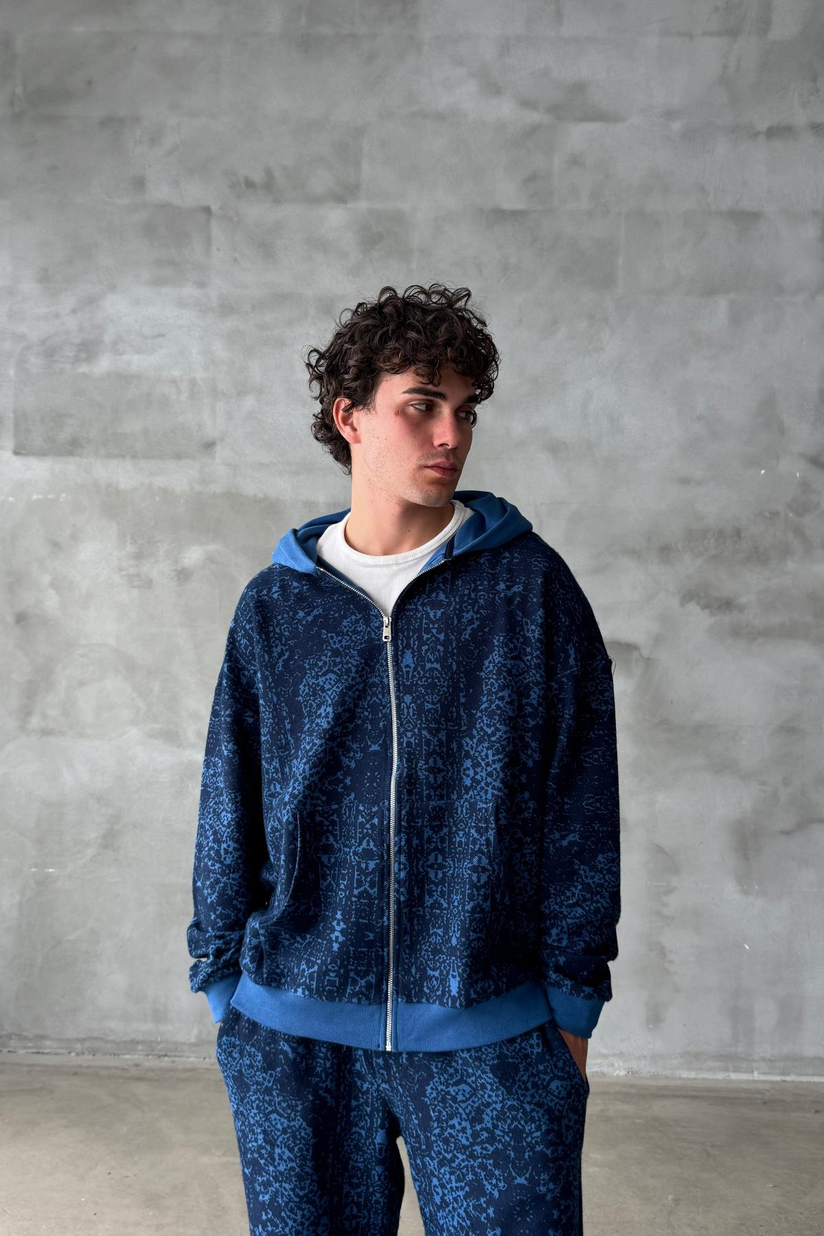 Etnik Desen Mavi Oversize Zipper Sweatshirt SR01