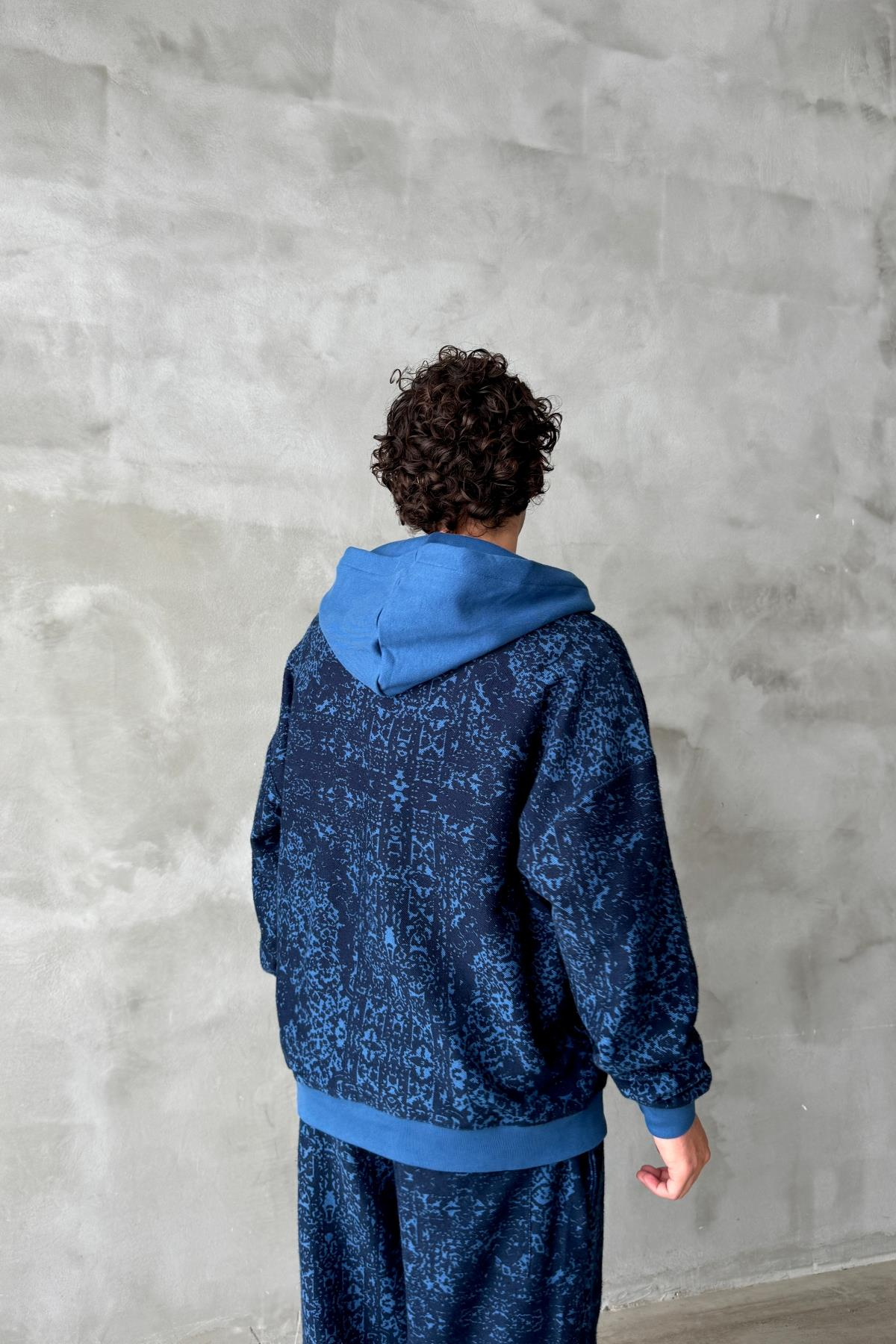 Etnik Desen Mavi Oversize Zipper Sweatshirt SR01