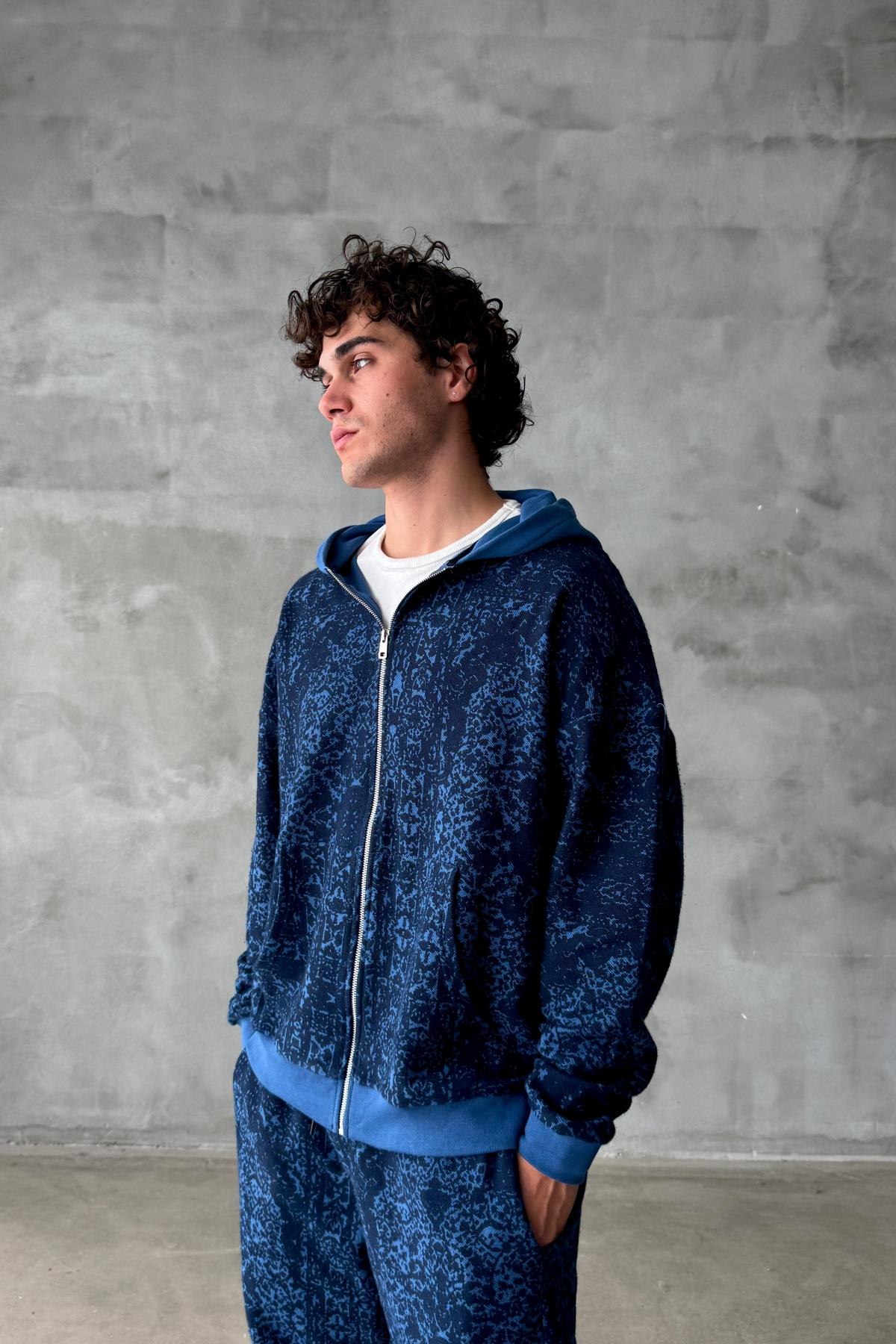 Etnik Desen Mavi Oversize Zipper Sweatshirt SR01