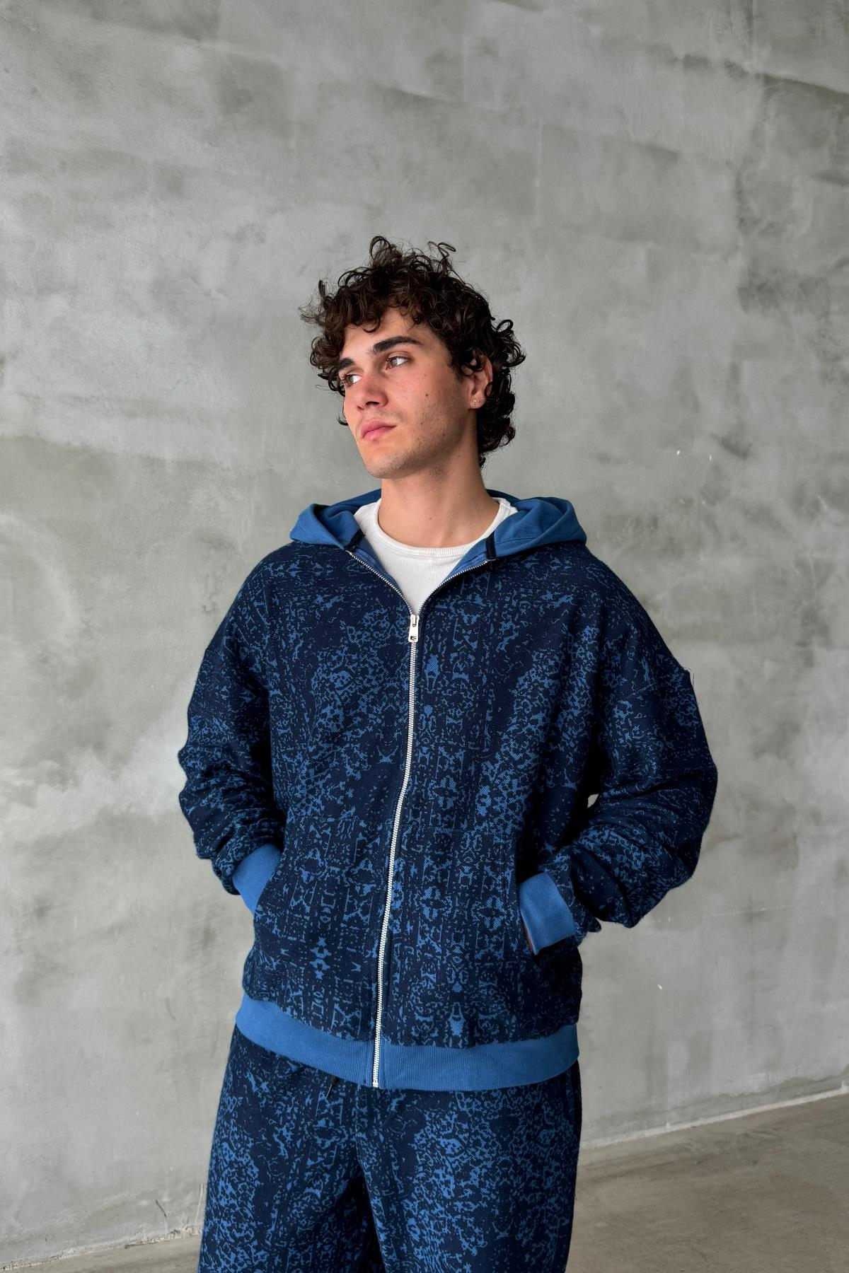 Etnik Desen Mavi Oversize Zipper Sweatshirt SR01