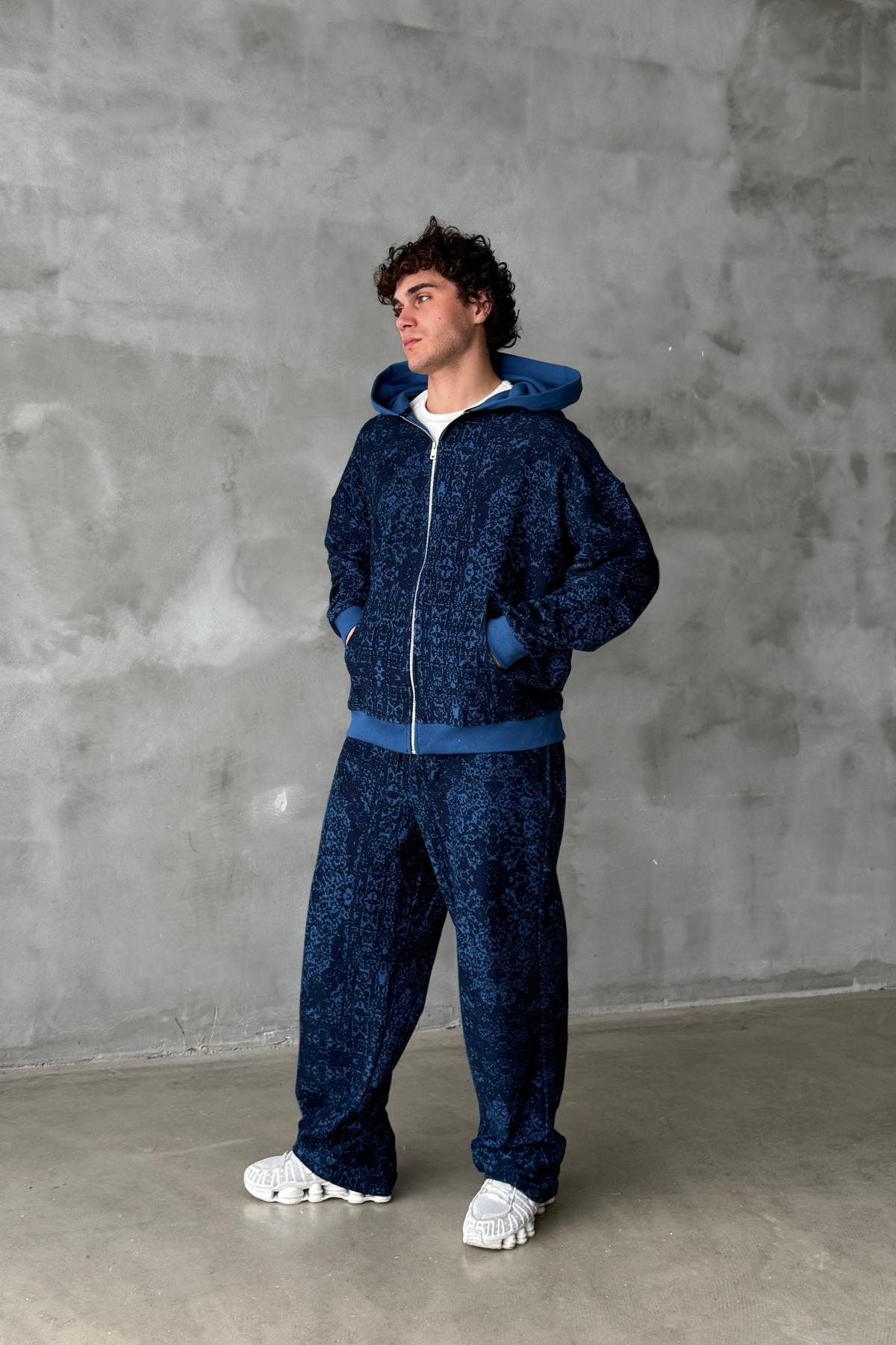 Etnik Desen Mavi Oversize Zipper Sweatshirt SR01