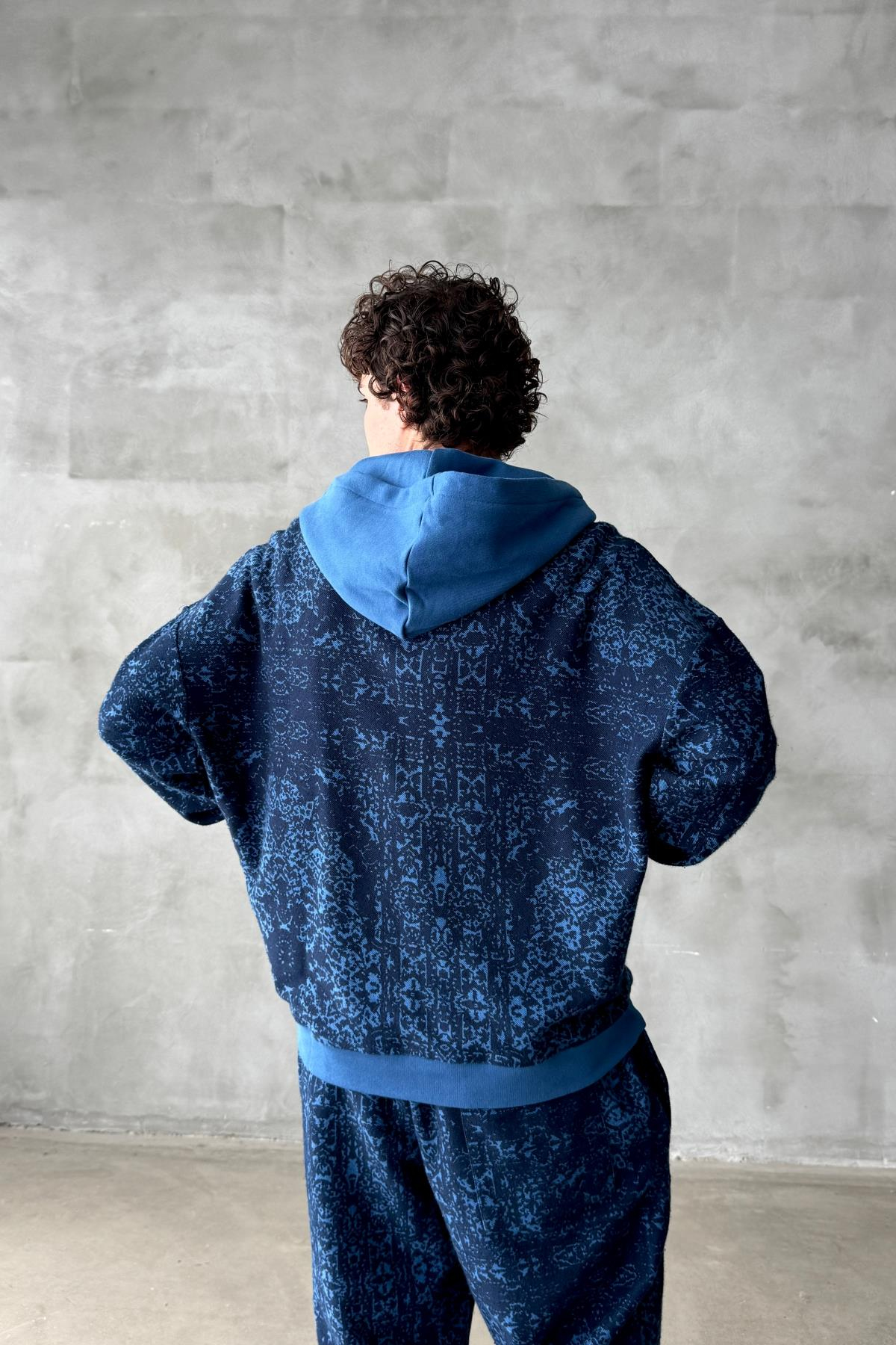 Etnik Desen Mavi Oversize Zipper Sweatshirt SR01