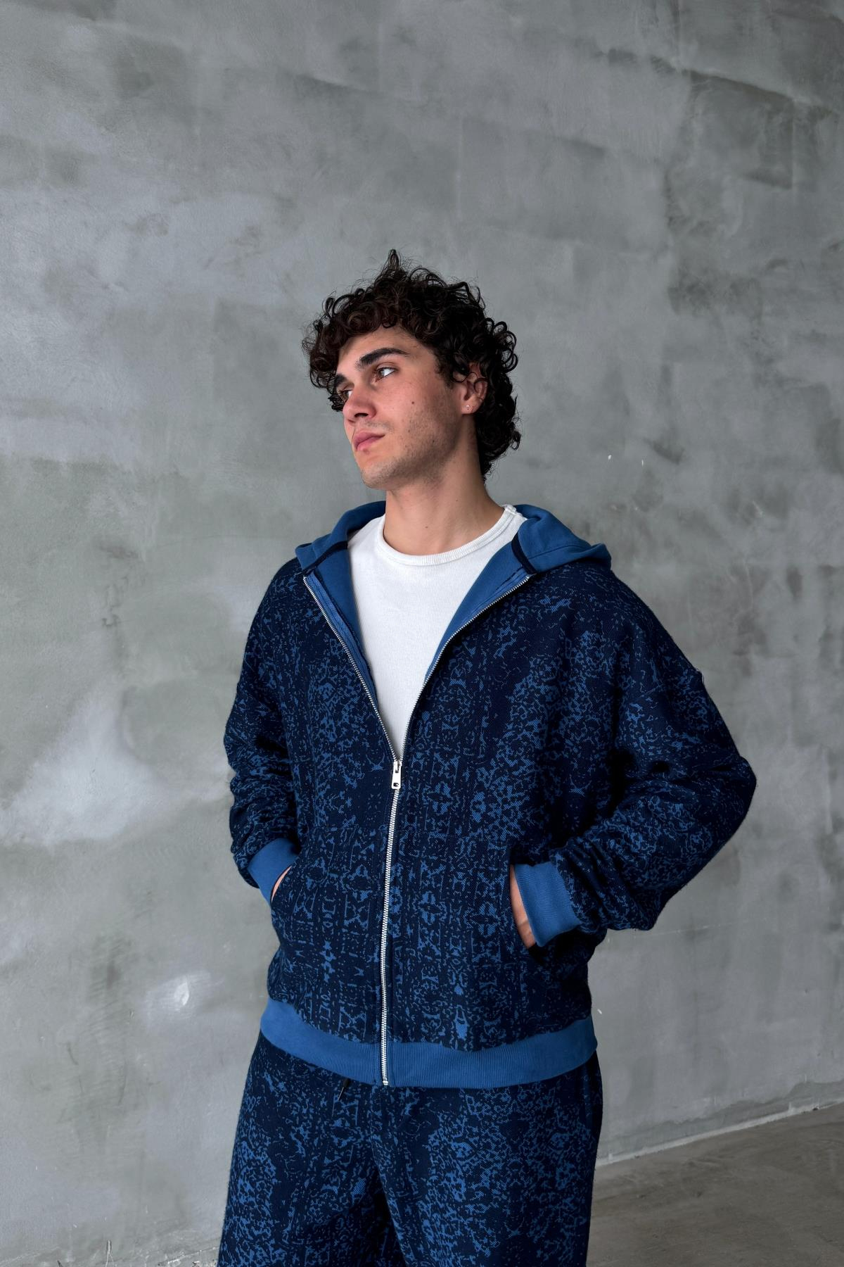 Etnik Desen Mavi Oversize Zipper Sweatshirt SR01