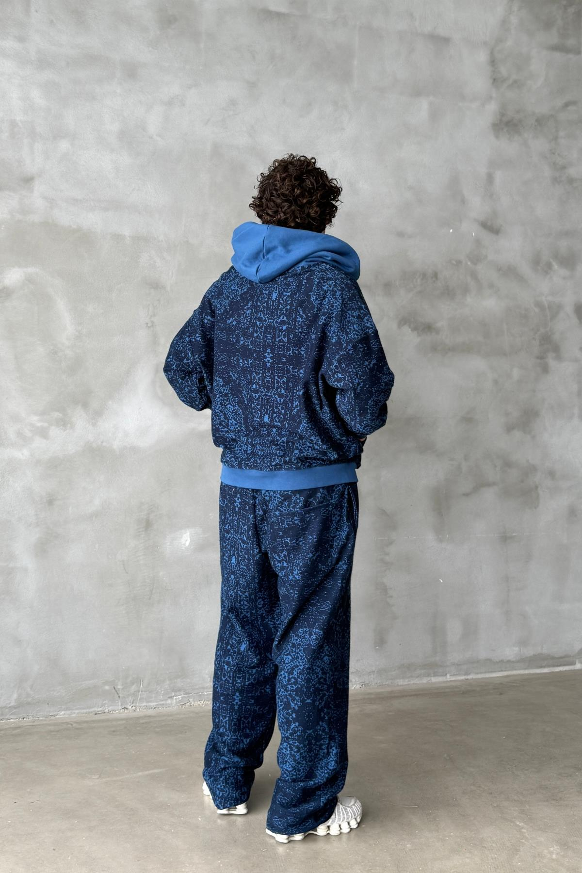 Etnik Desen Mavi Oversize Zipper Sweatshirt SR01