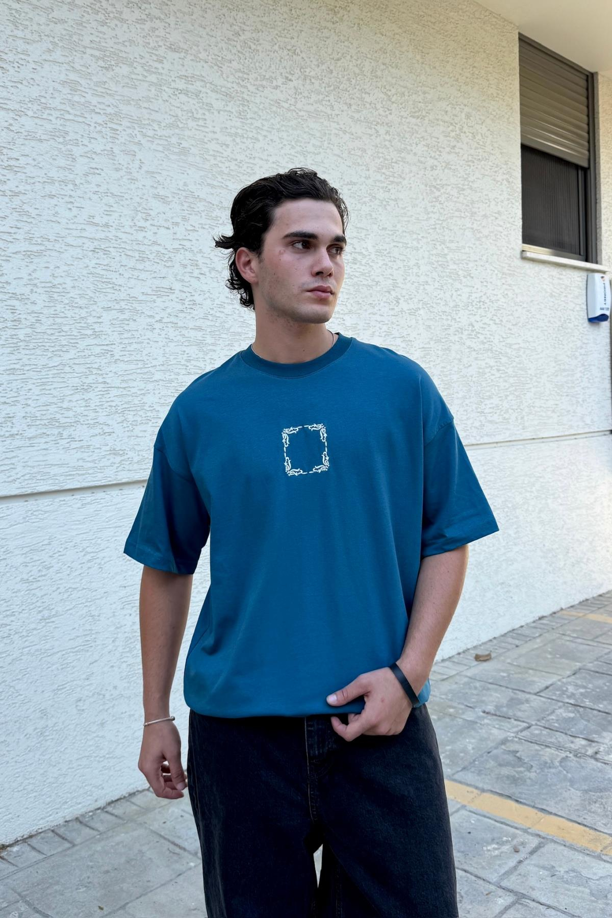 Etnik Desen Nakışlı Petrol Oversize Tshirt JC01