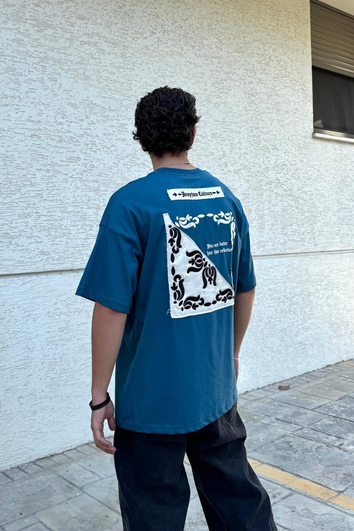 Etnik Desen Nakışlı Petrol Oversize Tshirt JC01