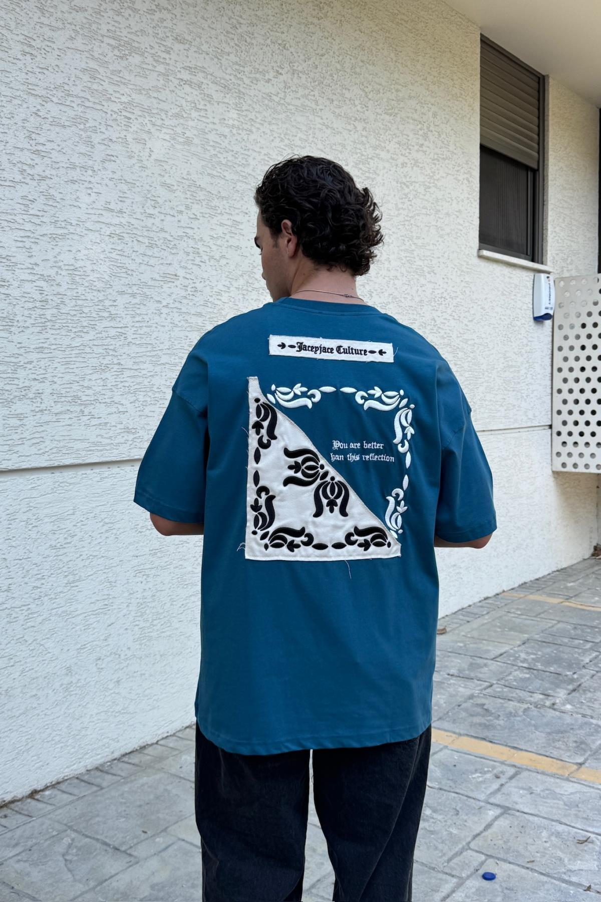 Etnik Desen Nakışlı Petrol Oversize Tshirt JC01