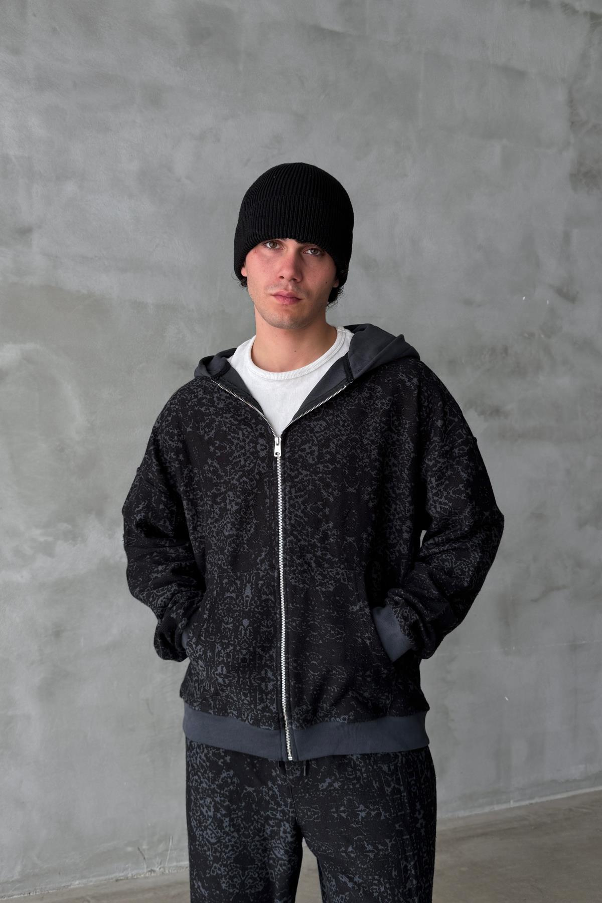 Etnik Desen Siyah Oversize Zipper Sweatshirt SR01