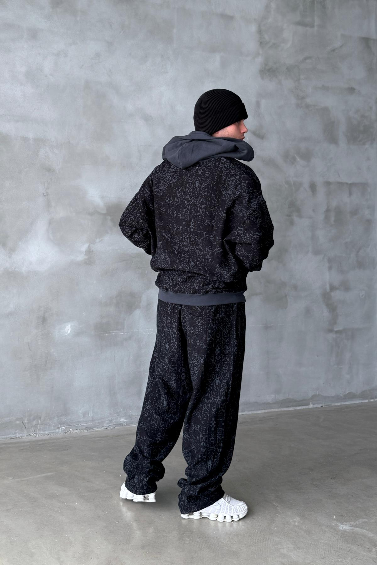 Etnik Desen Siyah Oversize Zipper Sweatshirt SR01