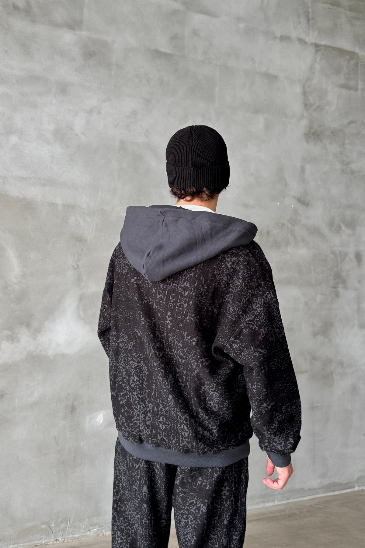 Etnik Desen Siyah Oversize Zipper Sweatshirt SR01