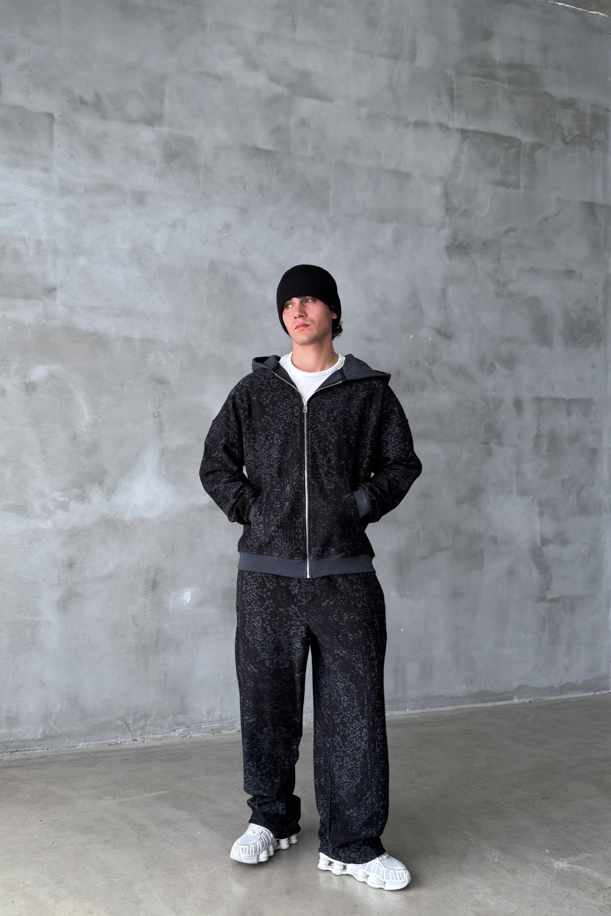 Etnik Desen Siyah Oversize Zipper Sweatshirt SR01
