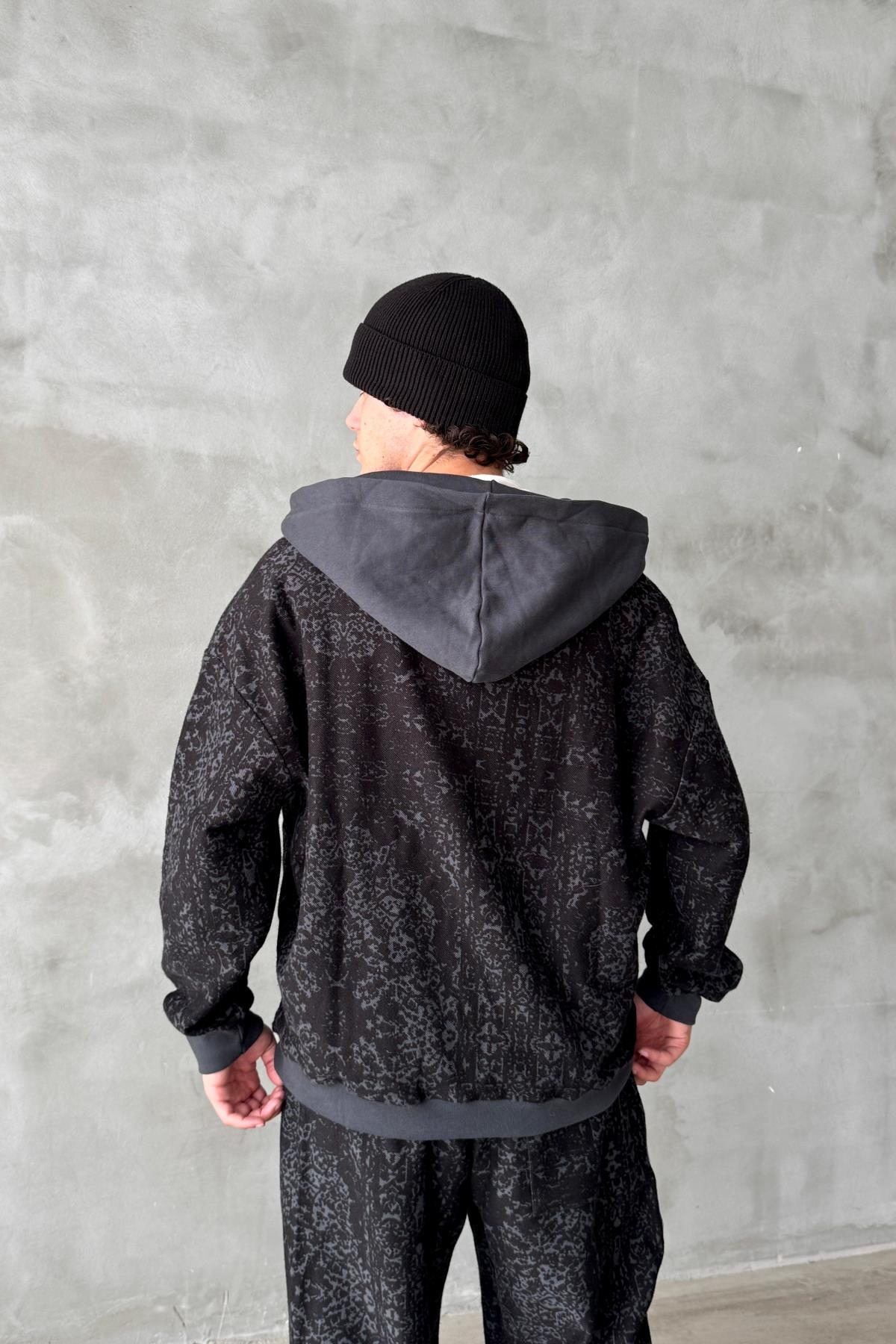 Etnik Desen Siyah Oversize Zipper Sweatshirt SR01