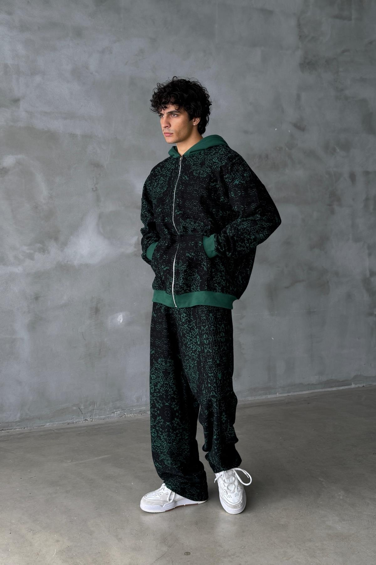 Etnik Desen Yeşil Oversize Zipper Sweatshirt SR01