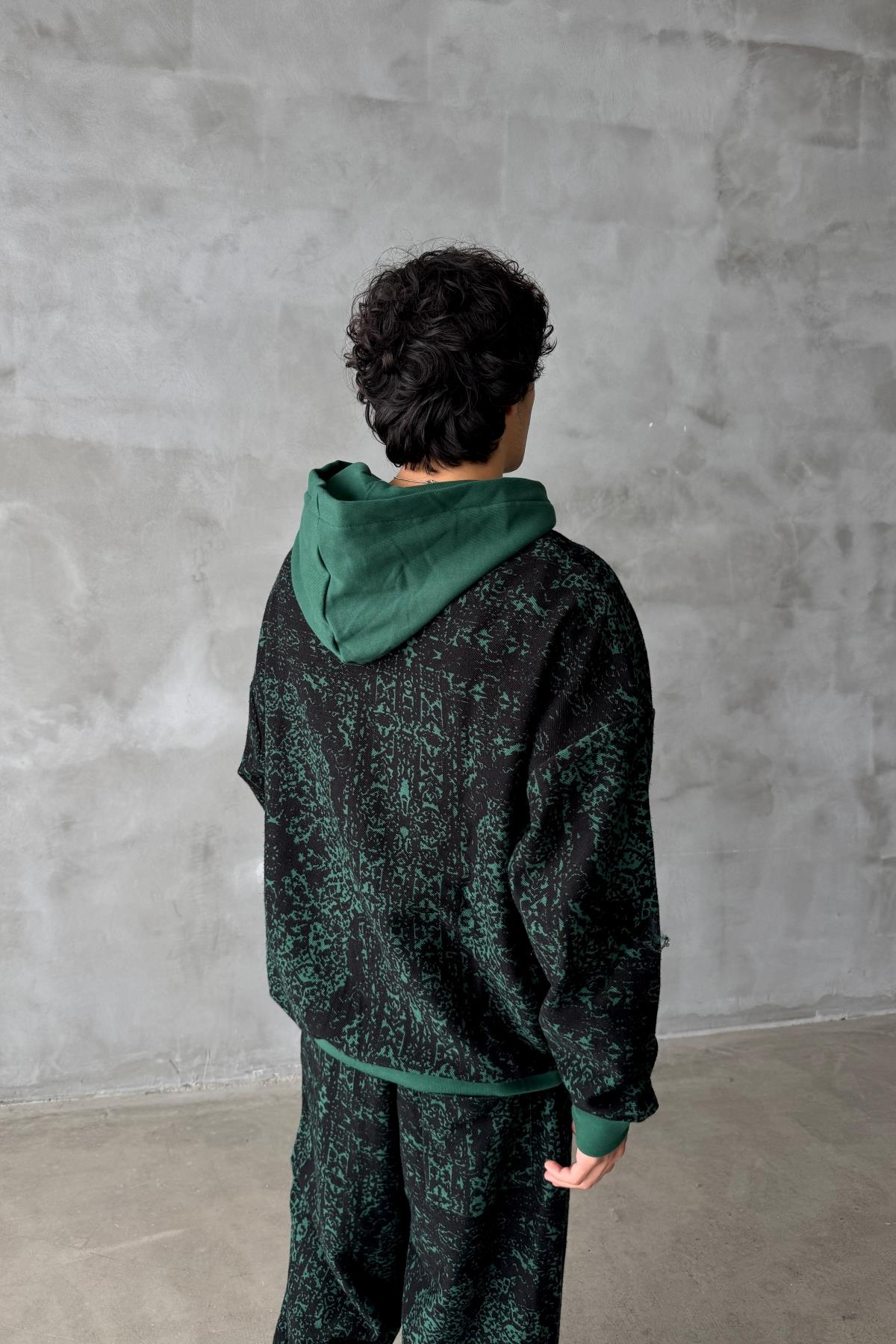 Etnik Desen Yeşil Oversize Zipper Sweatshirt SR01