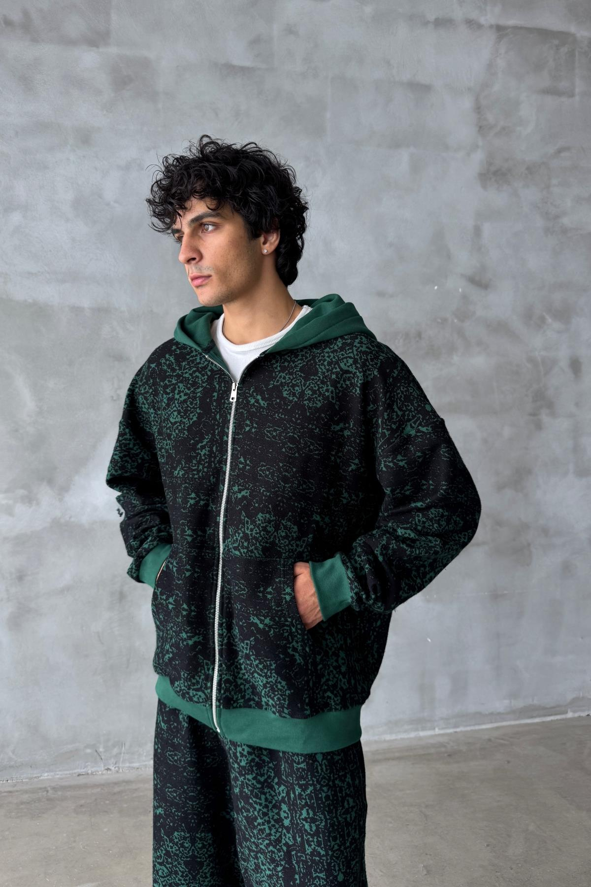 Etnik Desen Yeşil Oversize Zipper Sweatshirt SR01
