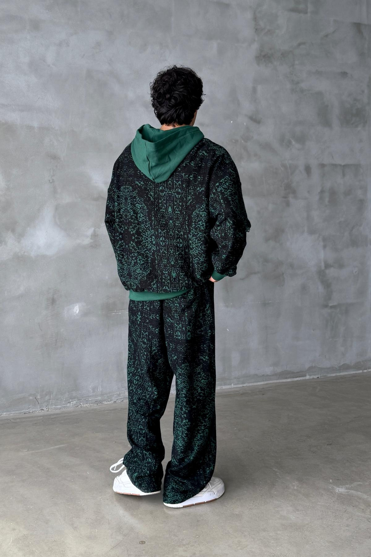 Etnik Desen Yeşil Oversize Zipper Sweatshirt SR01