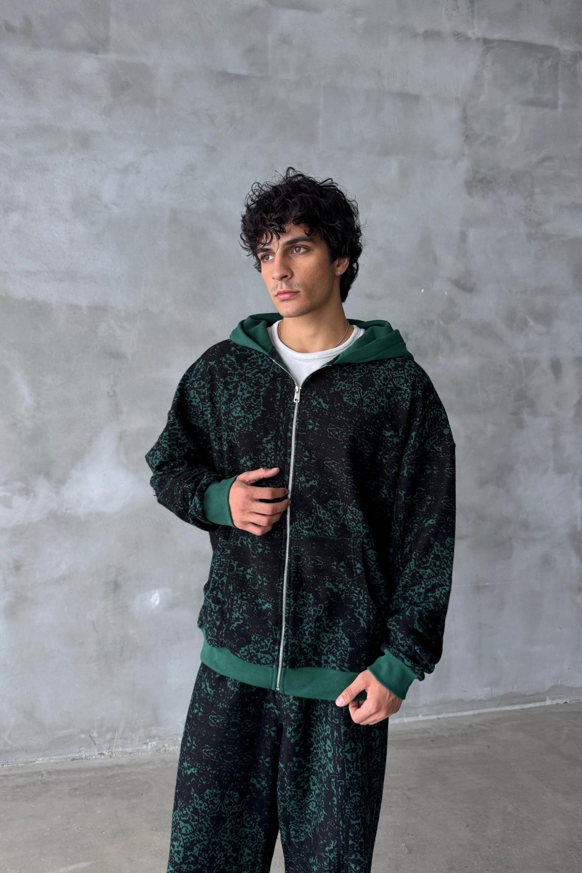 Etnik Desen Yeşil Oversize Zipper Sweatshirt SR01