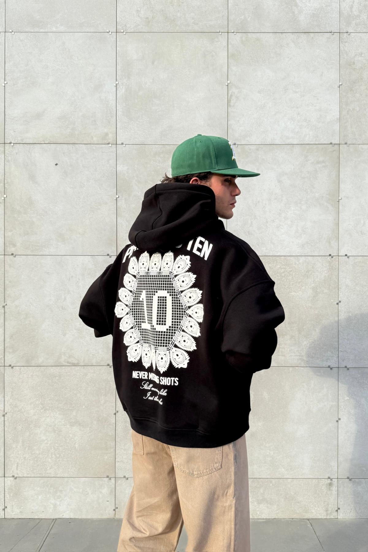 Etnik Never Mind Baskılı Siyah Oversize Hoodie JC01