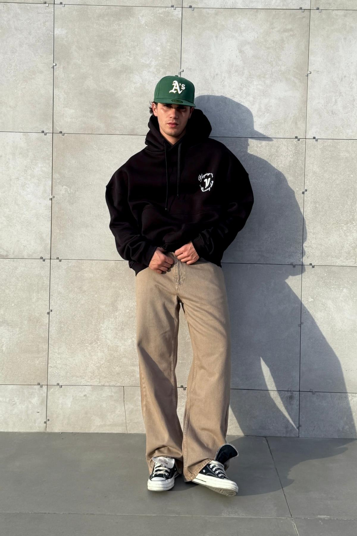 Etnik Never Mind Baskılı Siyah Oversize Hoodie JC01