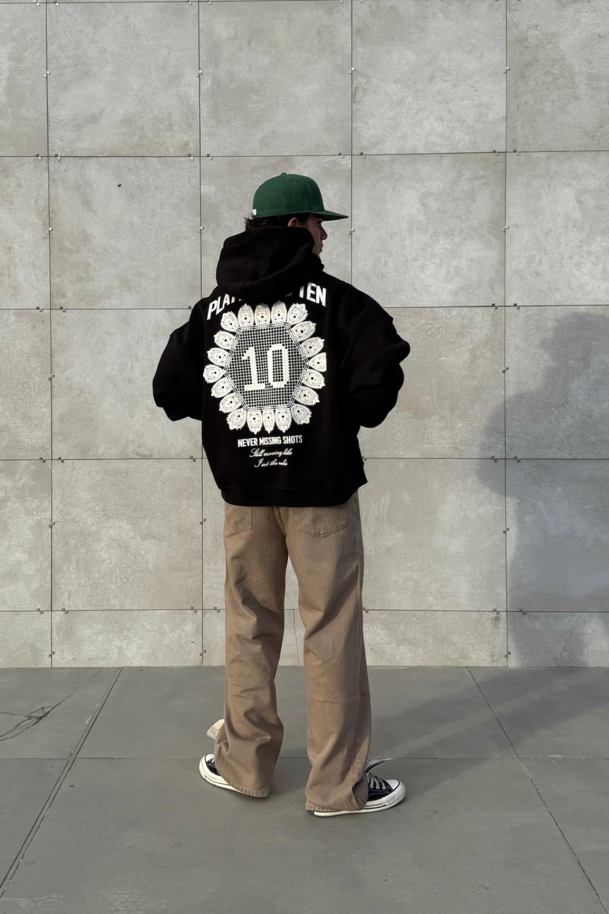 Etnik Never Mind Baskılı Siyah Oversize Hoodie JC01