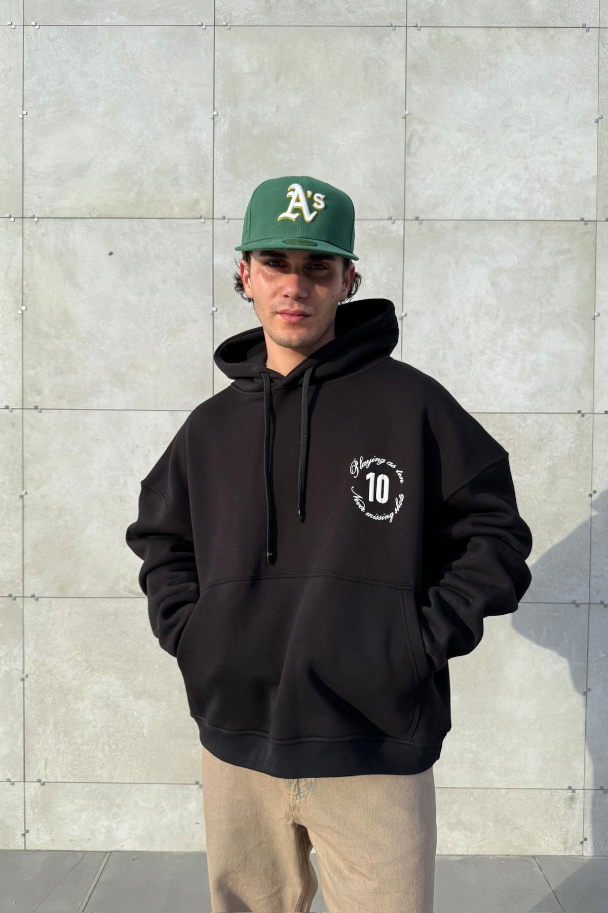 Etnik Never Mind Baskılı Siyah Oversize Hoodie JC01
