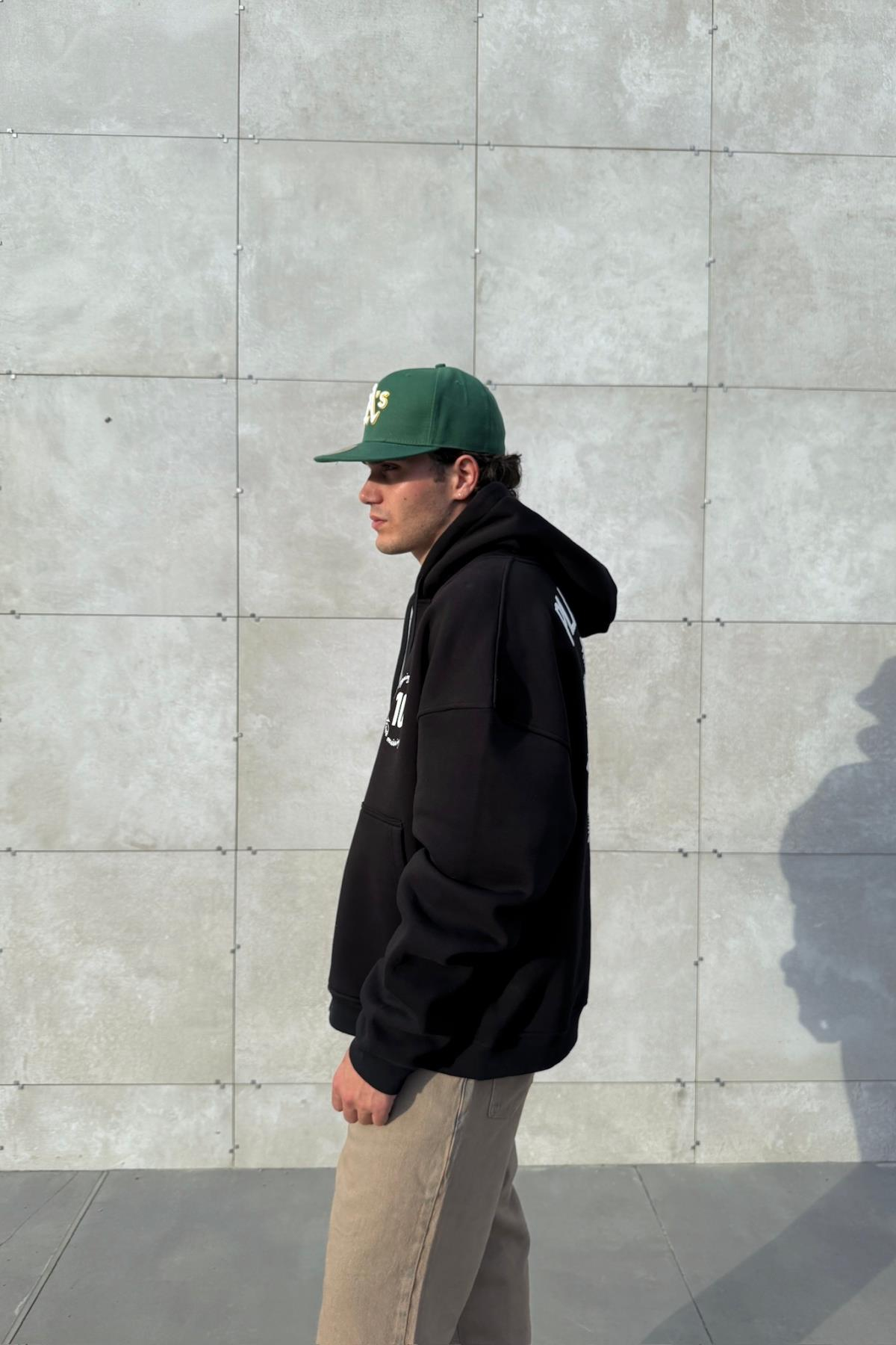 Etnik Never Mind Baskılı Siyah Oversize Hoodie JC01