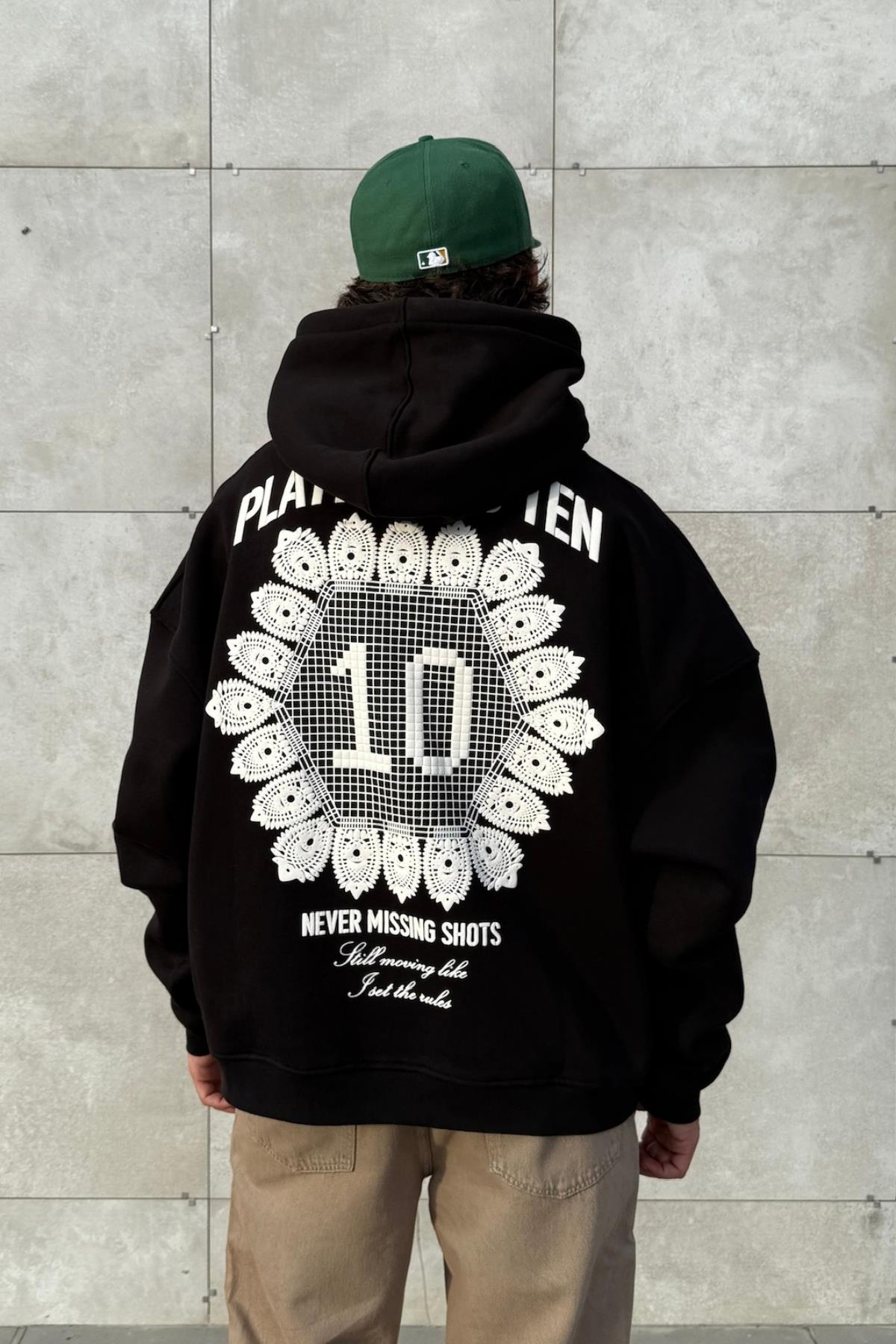 Etnik Never Mind Baskılı Siyah Oversize Hoodie JC01