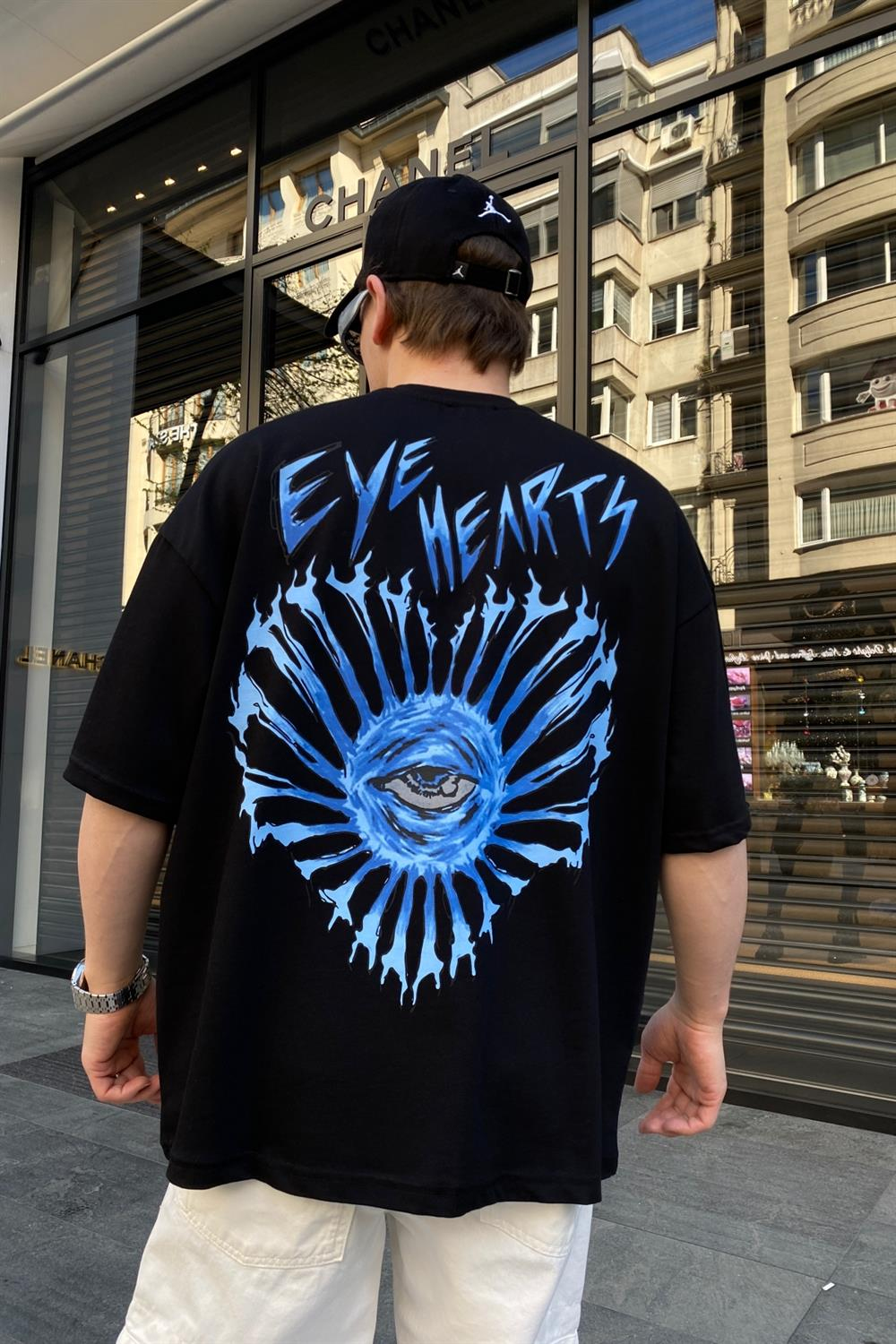 Eye Hearts Baskılı Siyah Oversize Tshirt T634