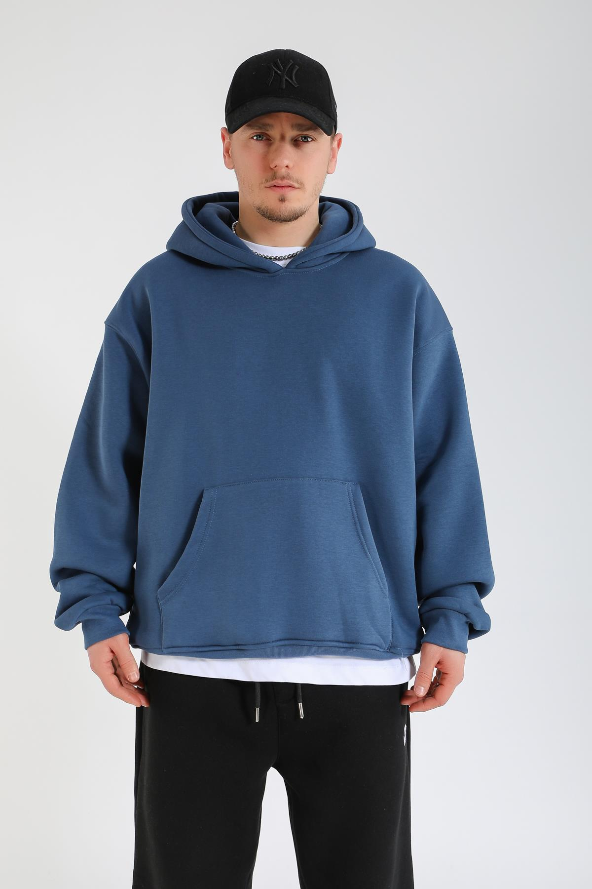 Faded Basic İndigo Oversize Hoodie SW1391