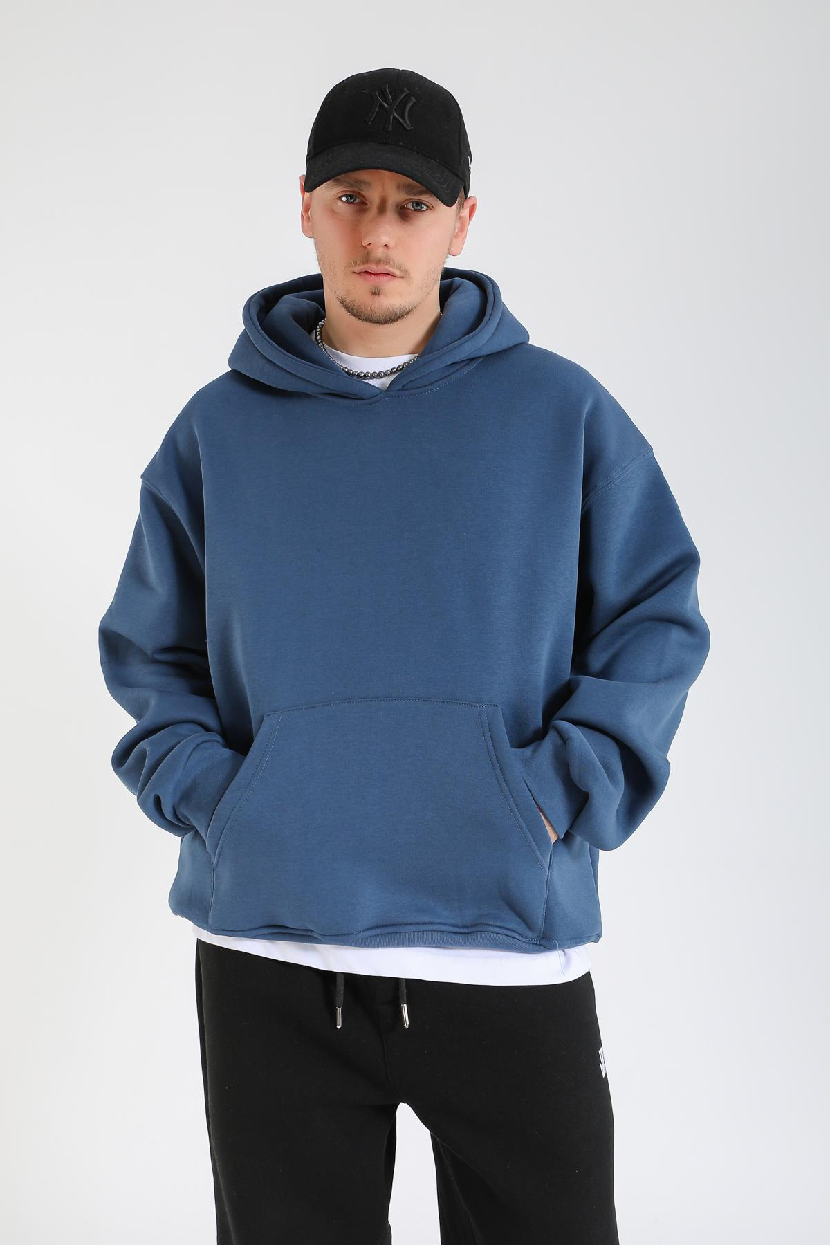 Faded Basic İndigo Oversize Hoodie SW1391