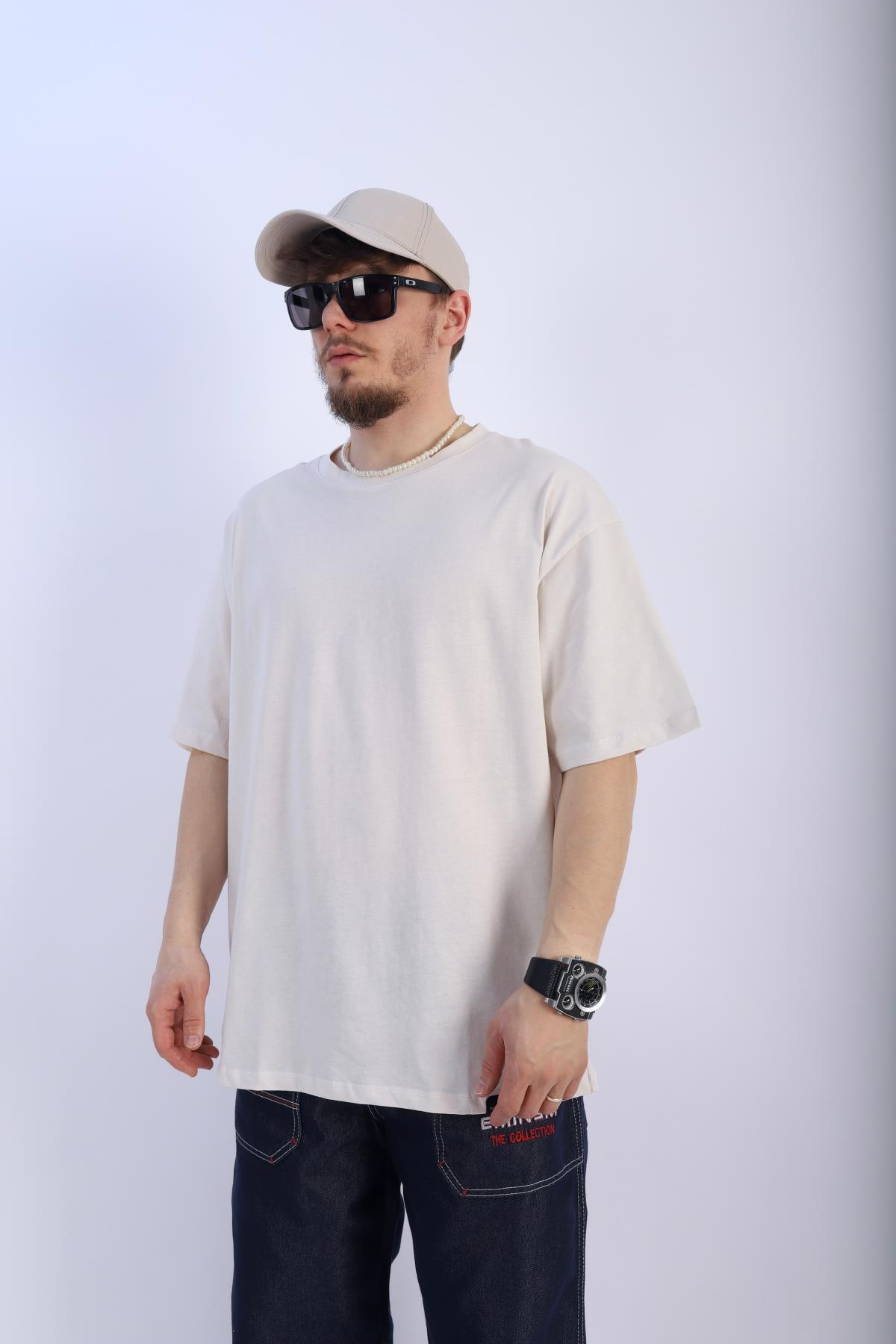 Faded Krem Oversize Basic Tshirt T913
