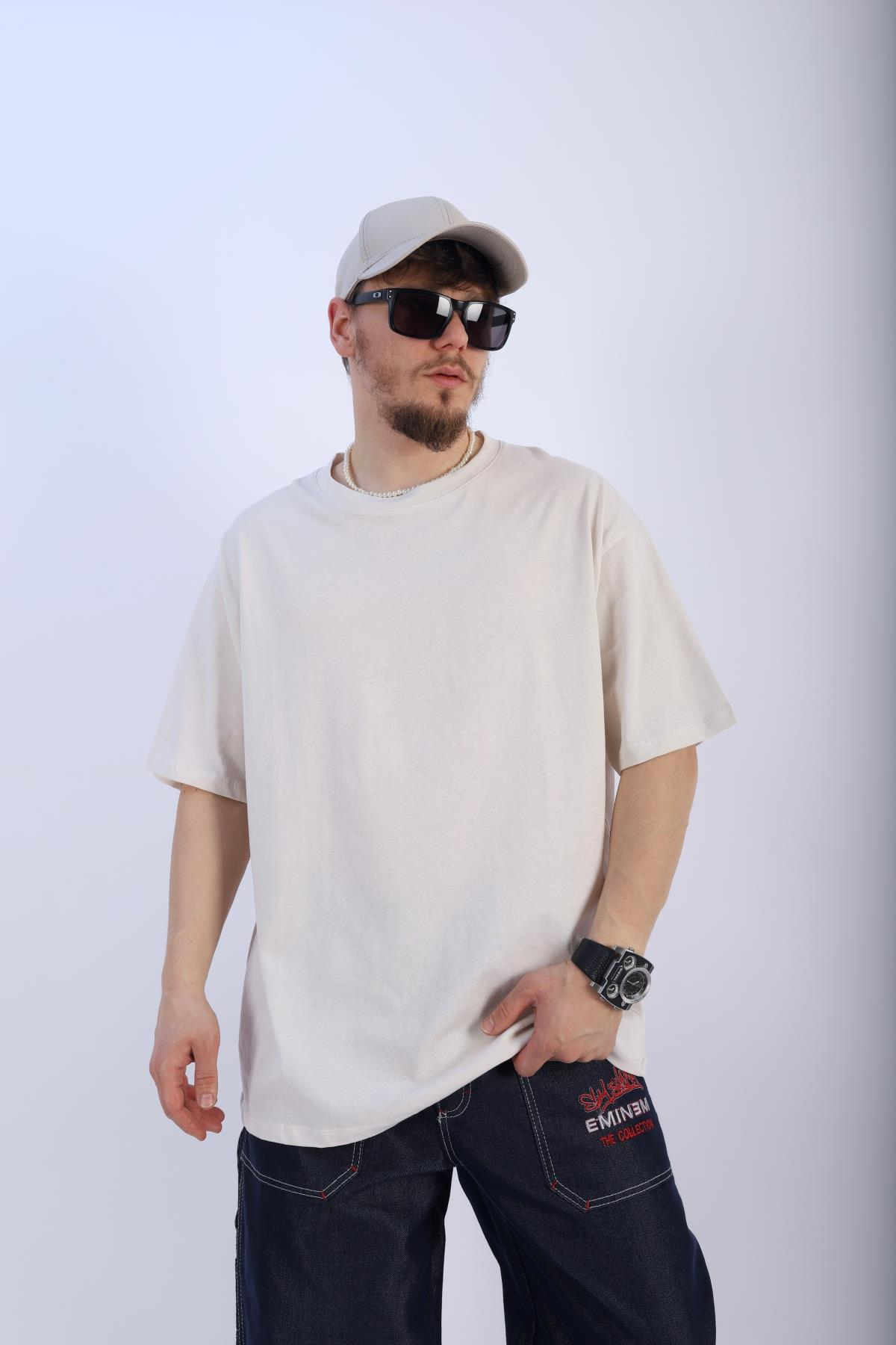 Faded Krem Oversize Basic Tshirt T913