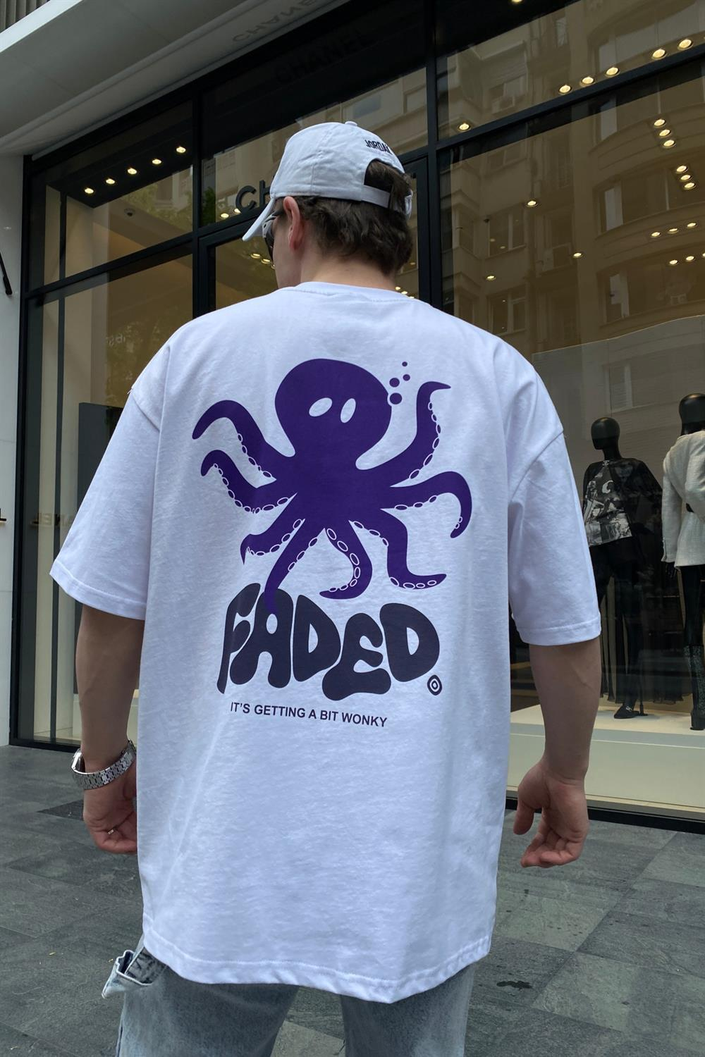 Faded Octopus Baskılı Beyaz Oversize Tshirt T649