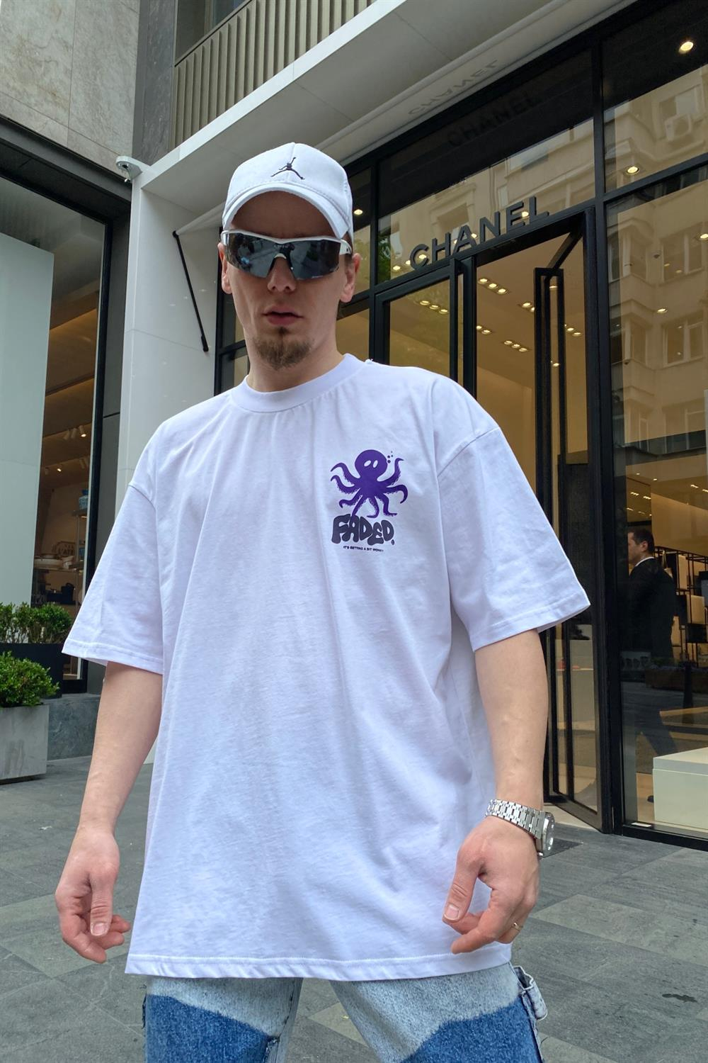 Faded Octopus Baskılı Beyaz Oversize Tshirt T649