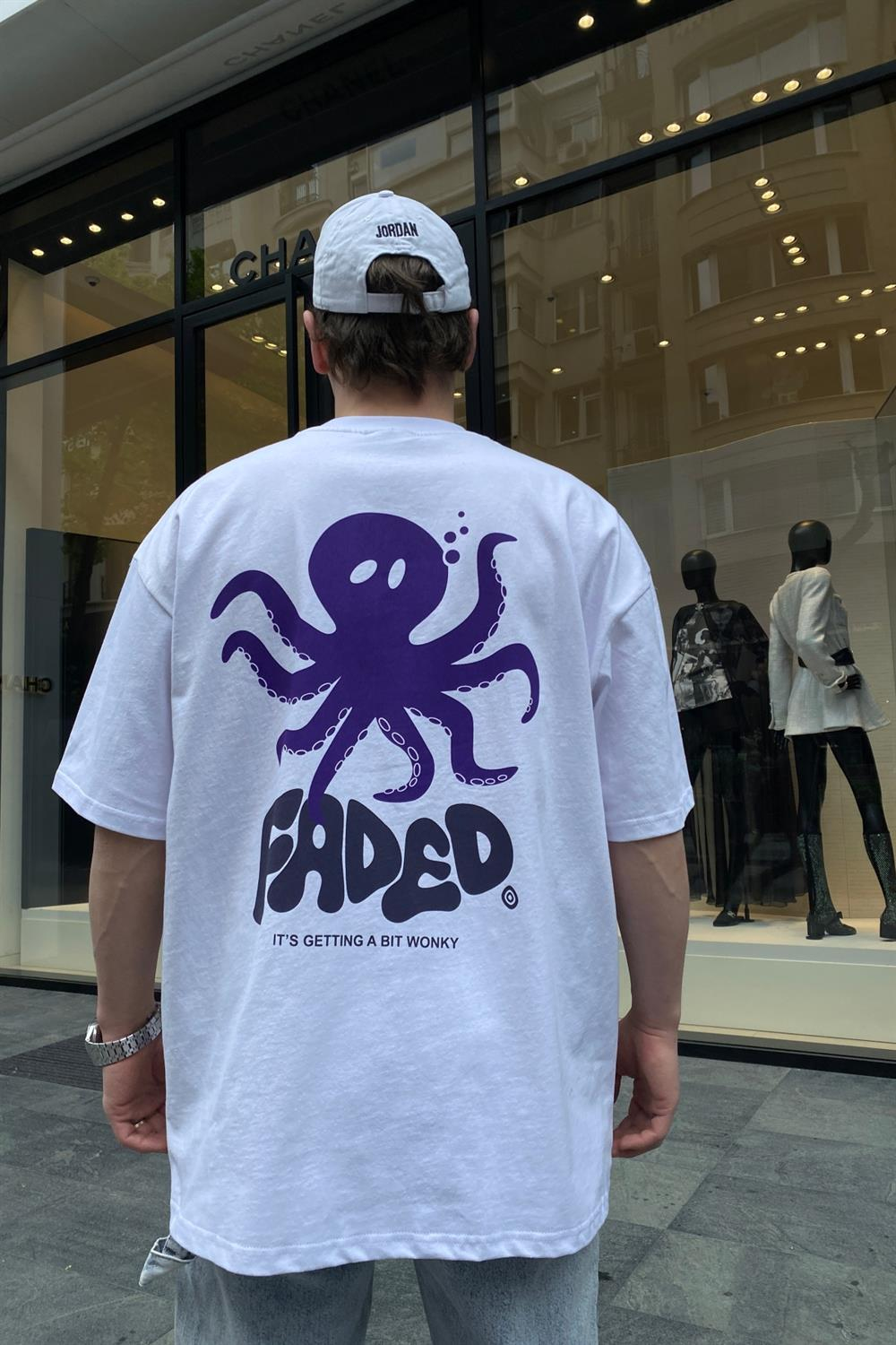 Faded Octopus Baskılı Beyaz Oversize Tshirt T649