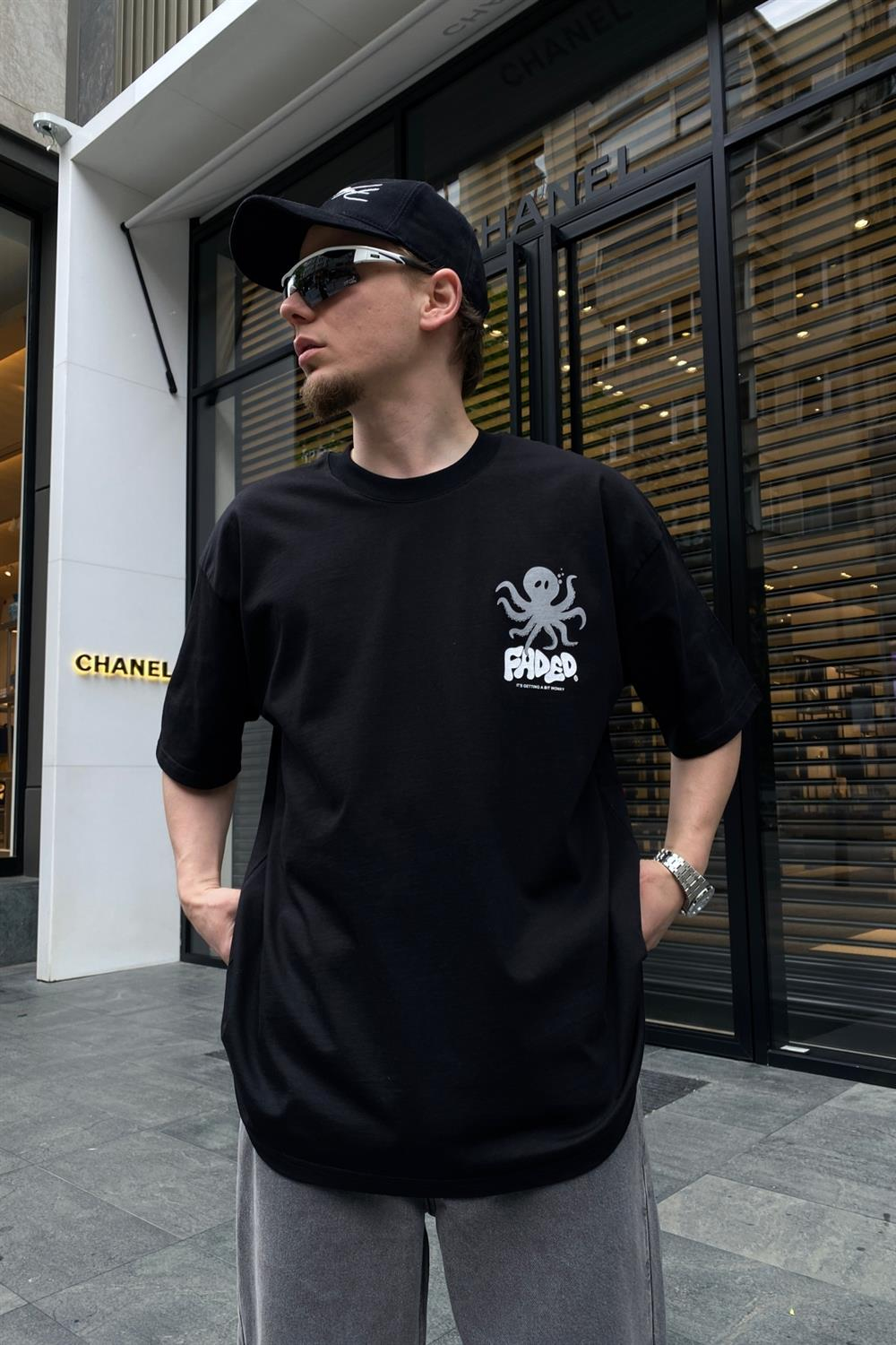 Faded Octopus Siyah Oversize Tshirt T640