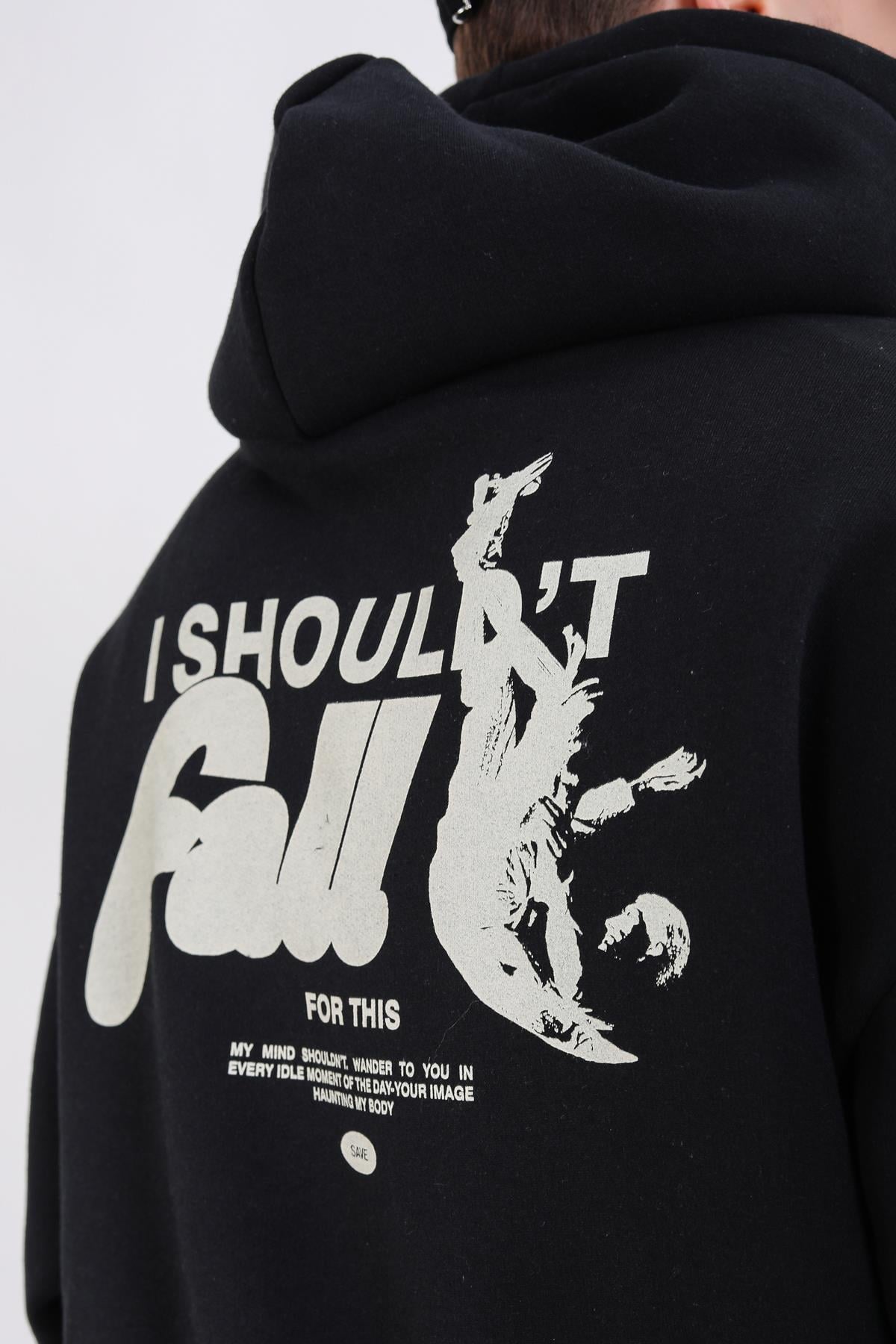 Fall Baskılı Siyah Oversize Hoodie SW1344