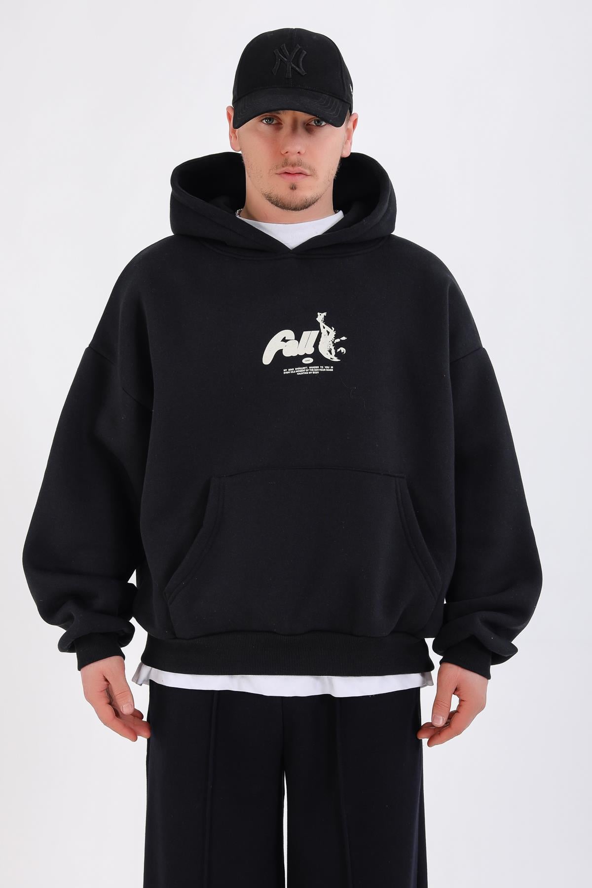 Fall Baskılı Siyah Oversize Hoodie SW1344