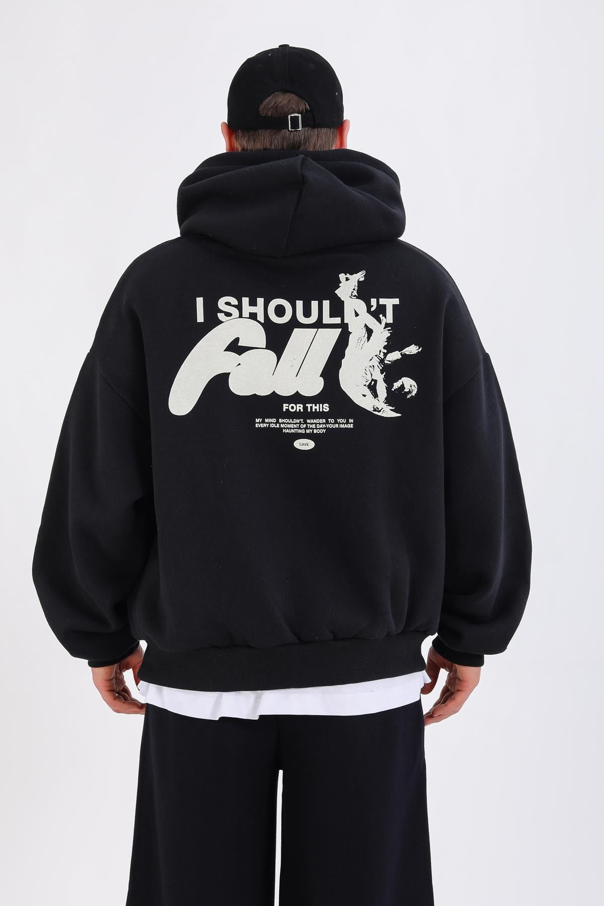 Fall Baskılı Siyah Oversize Hoodie SW1344
