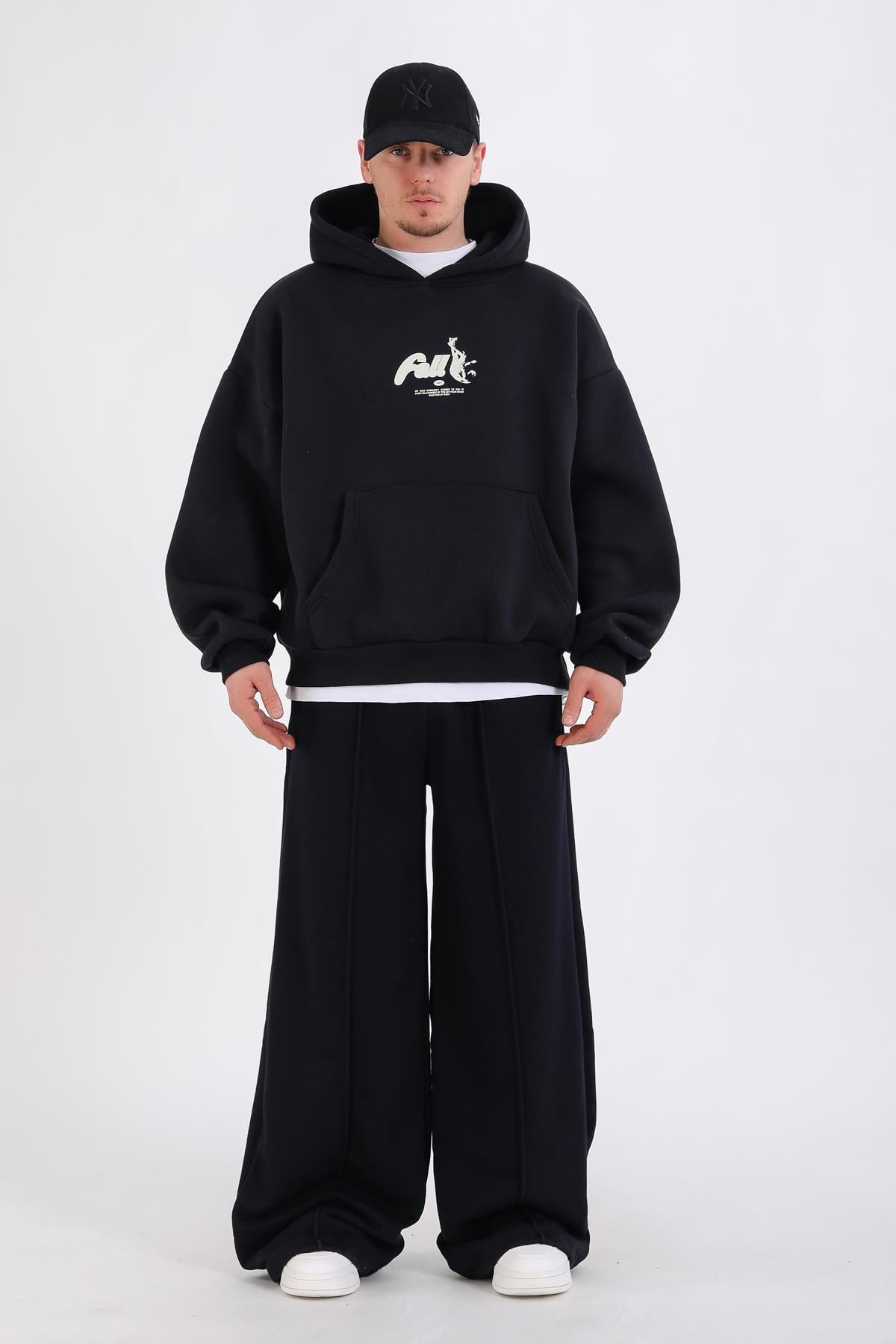 Fall Baskılı Siyah Oversize Hoodie SW1344