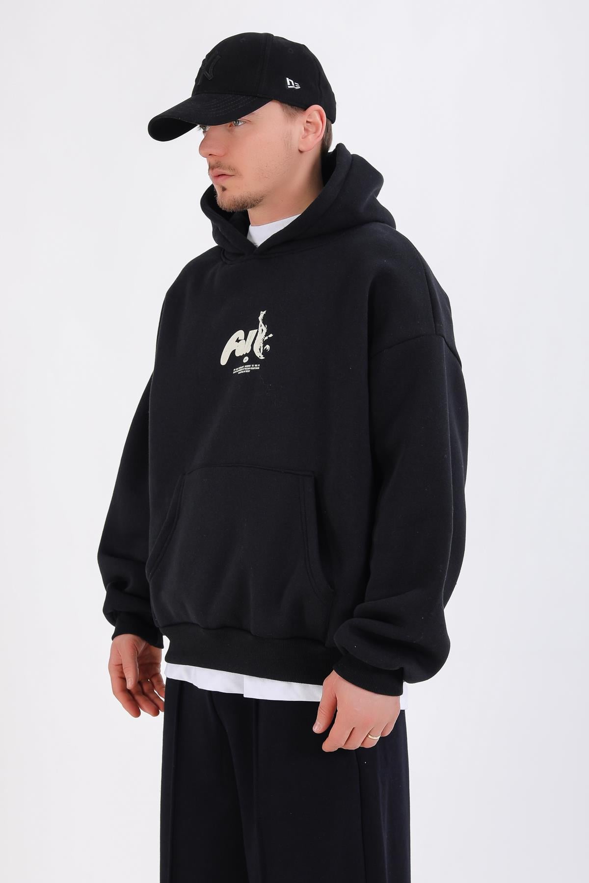 Fall Baskılı Siyah Oversize Hoodie SW1344